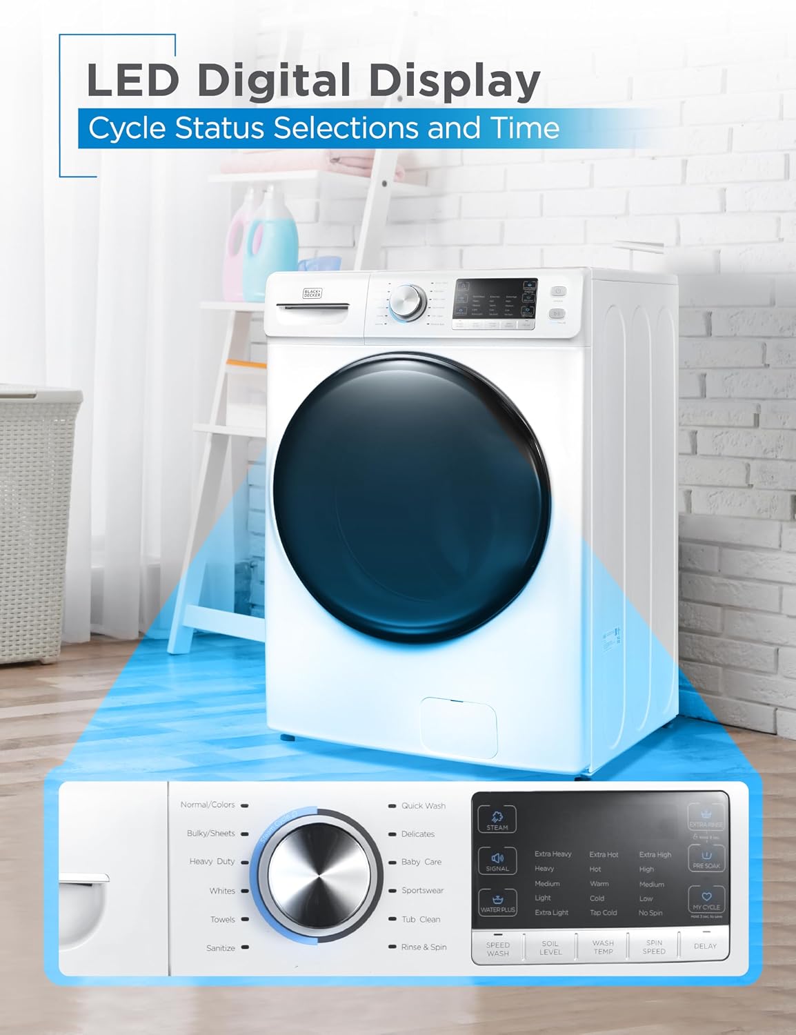 BLACK+DECKER 4.5 Cu. Ft. Front Load Washer, Full Size Washing Machine with 12 Cycles, ENERGY STAR certified Washer Machine, Hot & Cold Inlet Hoses, LED Display, 120V, BFLW45M, White