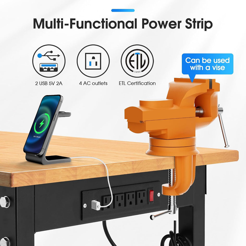 60'' Adjustable Workbench, 2000 LBS Load Capacity Heavy Duty Workstation with Power Outlets, Rubber Wood Top Worktable for Garage, Office,Workshop, Commercial