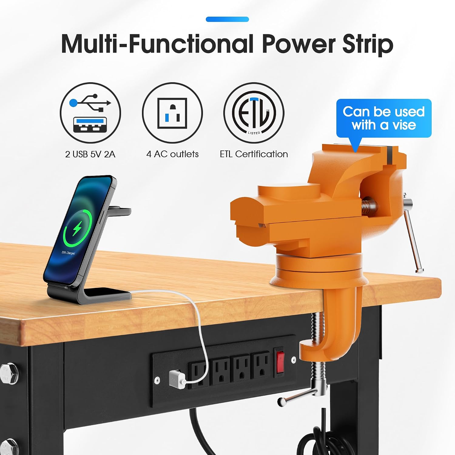 60'' Adjustable Workbench, 2000 LBS Load Capacity Heavy Duty Workstation with Power Outlets, Rubber Wood Top Worktable for Garage, Office,Workshop, Commercial