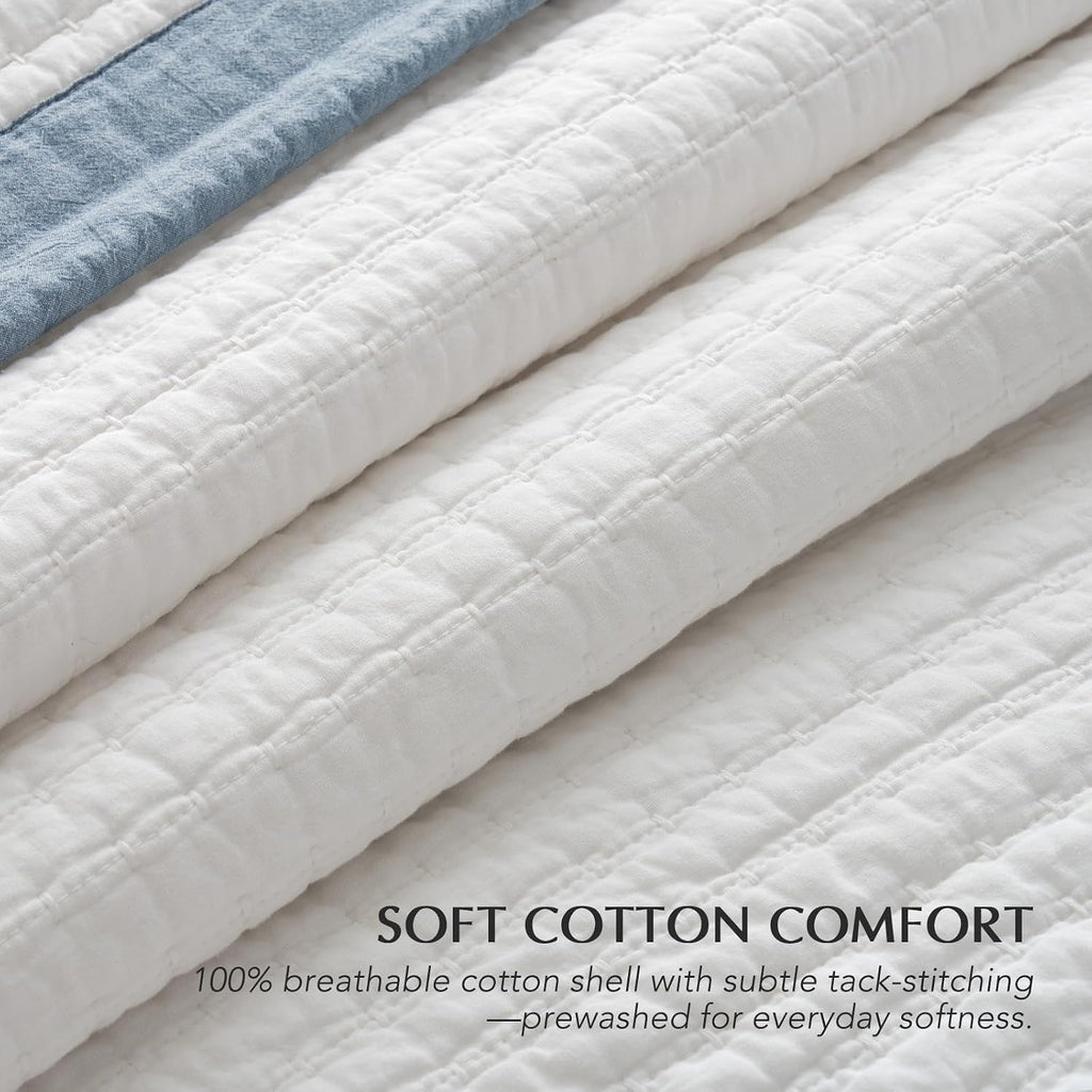 EVERGRACE Cotton Border Frame Tack-Stitch Quilt Bedding Set King Size, Coastal Oversized 3 Pieces Lightweight Bedspread Coverlet for All Season, with 2 Matching Shams, Blue Linen