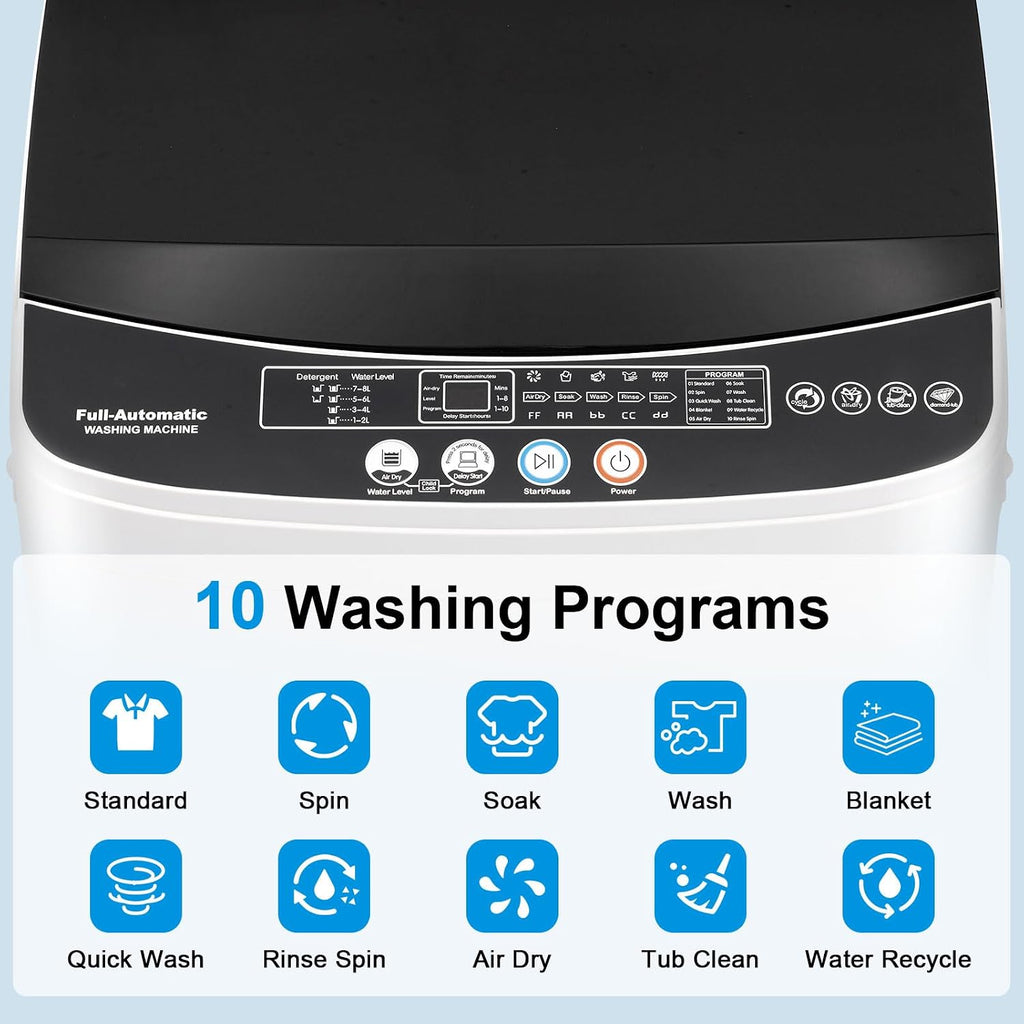 DOGHLY 16 lbs Portable Washing Machine, Full-Automatic Laundry Machine with Stainless Steel Drum, 10 Wash Cycles, Compact Washer and Spin Dryer Combo for Apartment, Dorm, RV