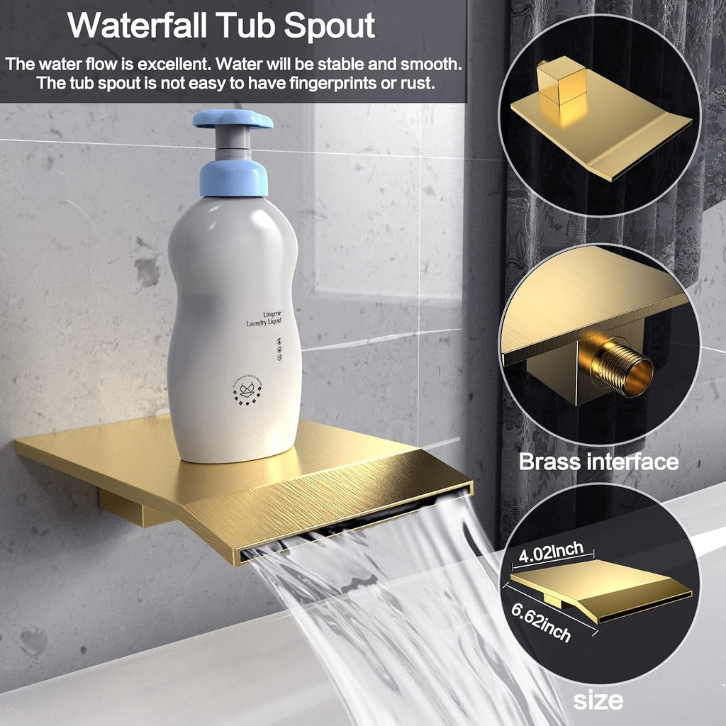Shower System Rain Shower Faucet Set with Tub Spout,10 inch Bathroom Wall Mounted Waterfall Bathtub Faucet with Handheld Spray and Rough-in Valve Body and Trim kit,Brushed Gold