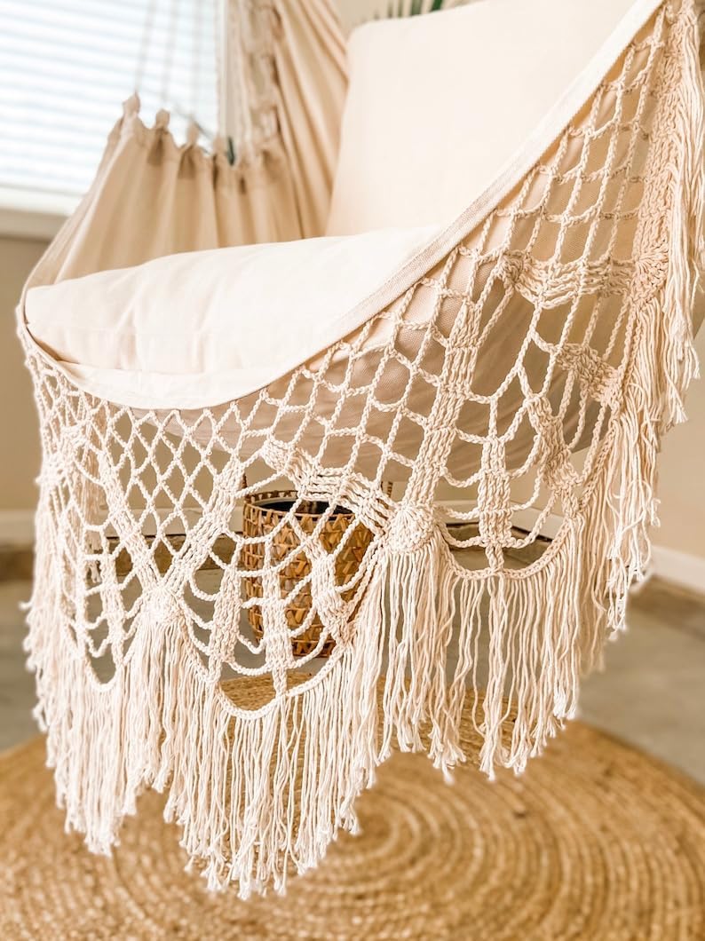 Hanging Chair, Accent Chair, Hammock Chair Swing, Macrame Chair, Hanging Chair in Bedroom, Macrame Swing Chair, Indoor Swinging Hammock (Light Wood Spreader) (Color : Brown Wood Spreader)