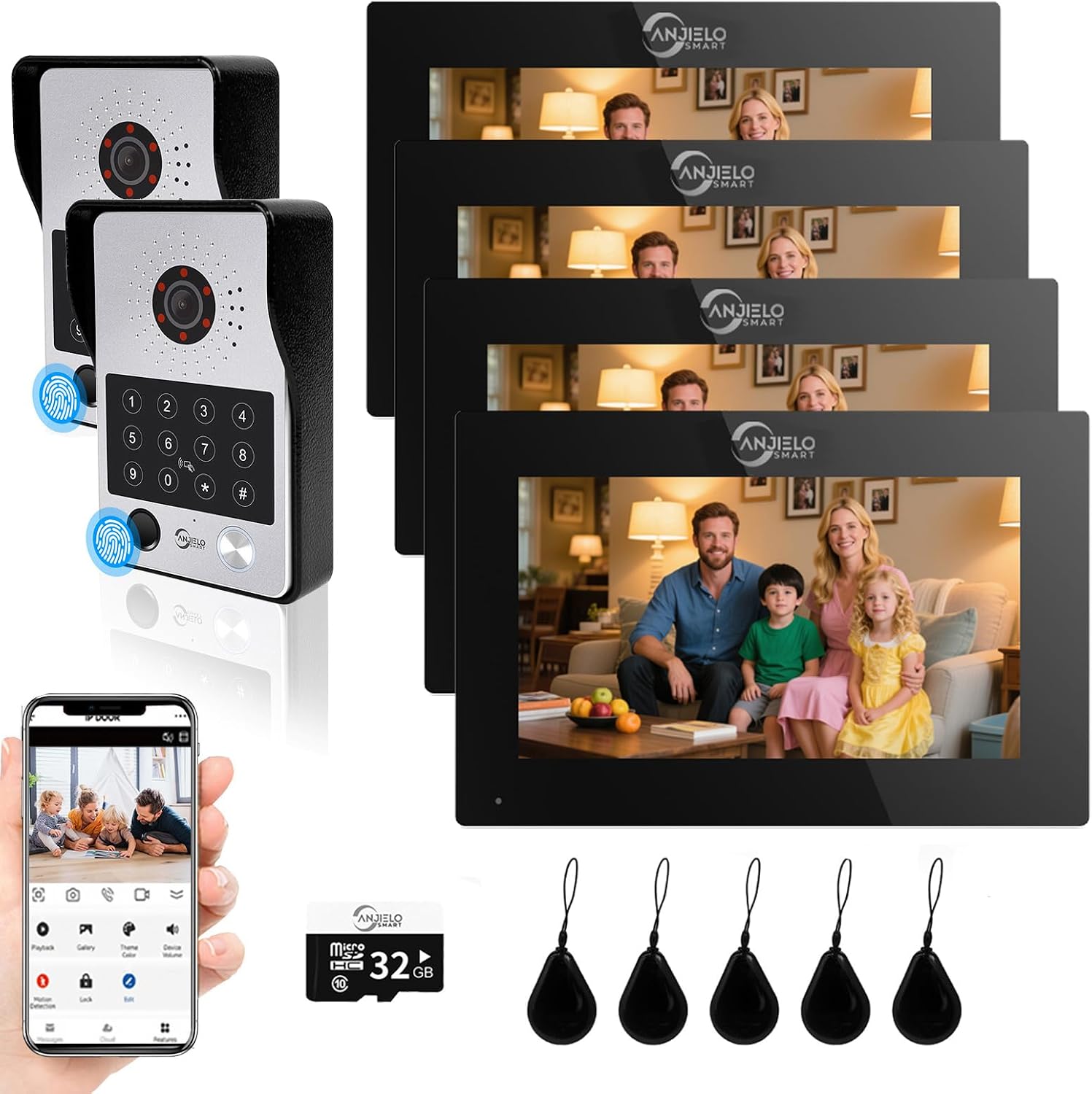 7-Inch Smart Video Intercom System,1080P HD Wired Doorbell with Touchscreen Monitor,Fingerprint, RFID & PIN Unlock,Tuya Smart App Control,Ideal for Homes, Villas & Apartments (2 doorbell + 4 Monitor)