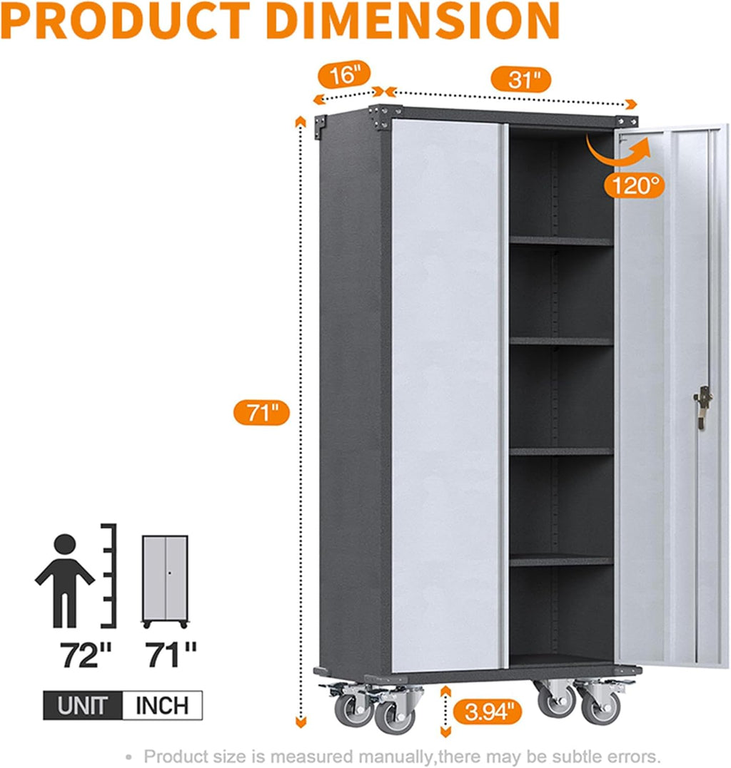 Metal Storage Cabinet with Wheels,71' Tall Garage Cabinet with 2 Doors and 4 Adjustable Shelves,Heavy Duty Broom Closet Storage Cabinet & Locking Cabinet for Home Office Warehouse