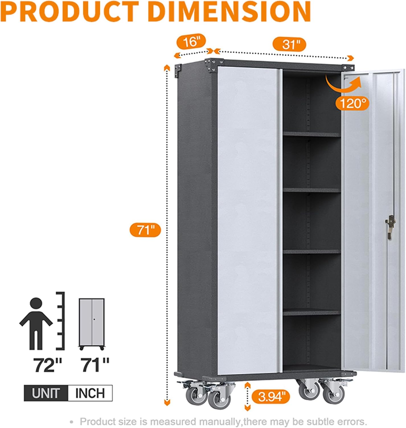 Metal Storage Cabinet with Wheels,71' Tall Garage Cabinet with 2 Doors and 4 Adjustable Shelves,Heavy Duty Broom Closet Storage Cabinet & Locking Cabinet for Home Office Warehouse