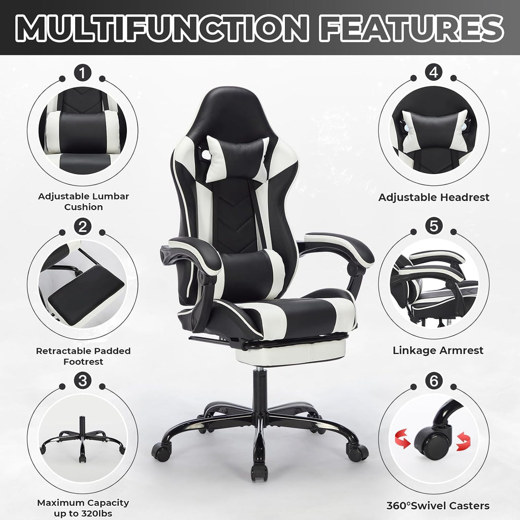 Gaming Chair with Massage and Footrest, Ergonomic High Back PC Racing Chair, 300LBS Capacity with Adjustable Lumbar Support & Headrest for Office and Desk (Model C, Black+White)