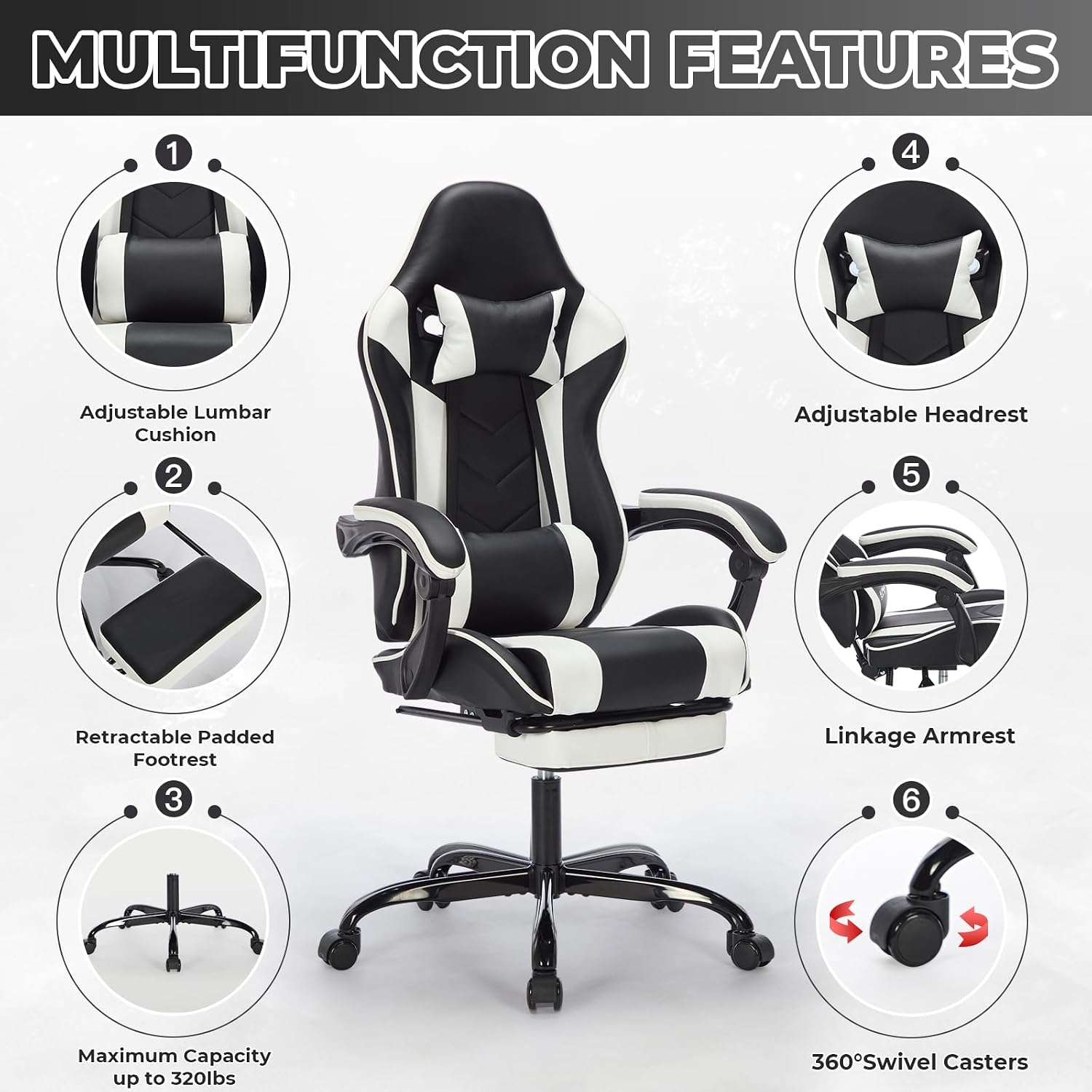 Gaming Chair with Massage and Footrest, Ergonomic High Back PC Racing Chair, 300LBS Capacity with Adjustable Lumbar Support & Headrest for Office and Desk (Model C, Black+White)