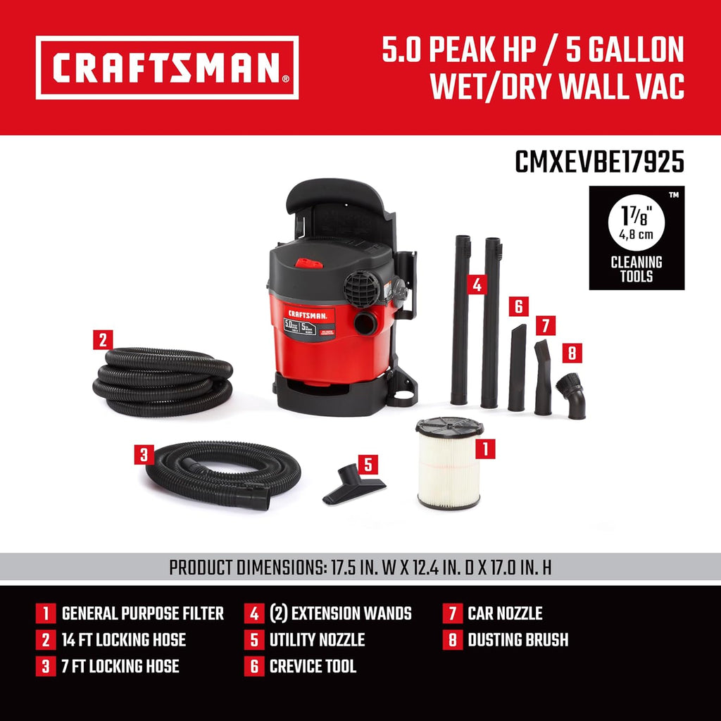 CRAFTSMAN CMXEVBE17925 5 Gallon 5.0 Peak HP Wet Dry Vac, Portable and Wall-Mountable Shop Vacuum with Filter, 2 Hoses and Attachments for Garage and Automotive Cleaning