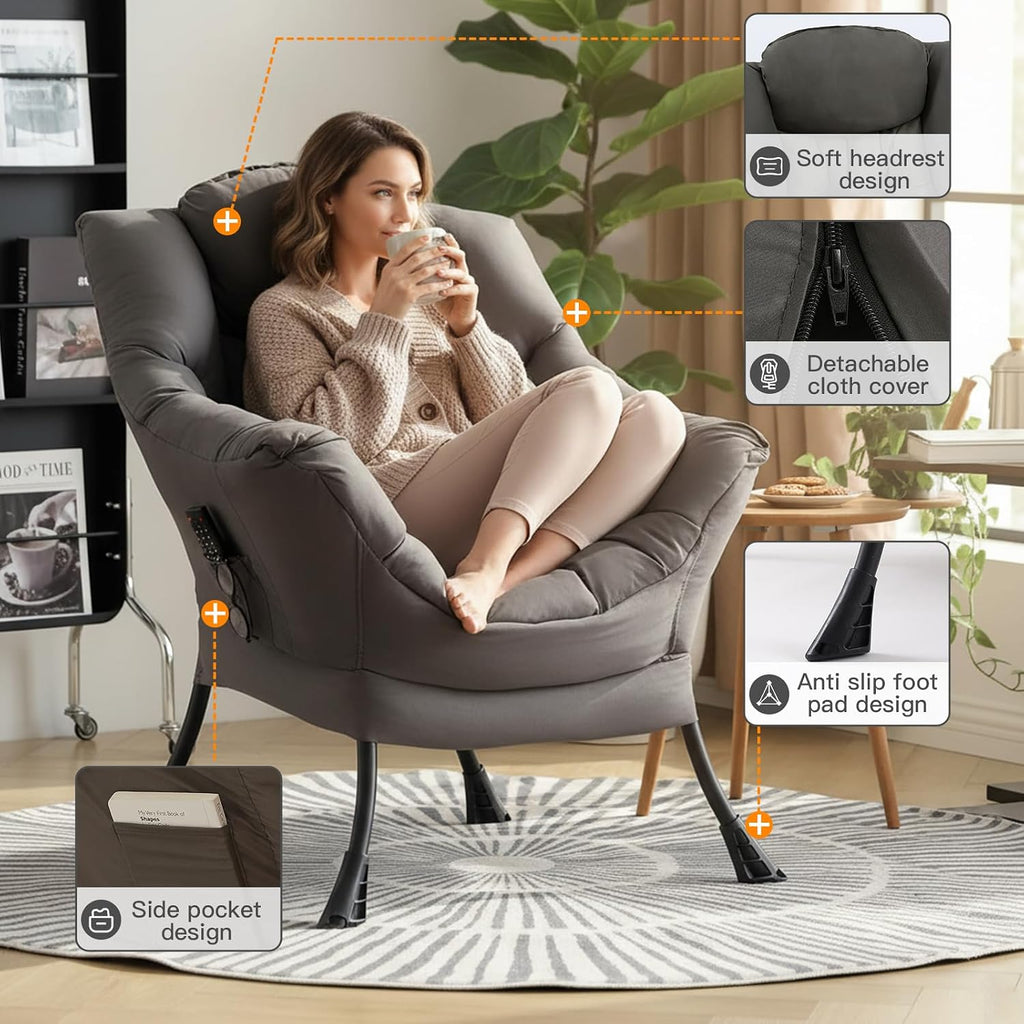 Lazy Chair for Living Room, Large Dark Grey Accent Chair with a Throw Pillow, Leisure Sofa Chair Set, Comfy Reading Chair for Bedroom, Dorm Room, Office