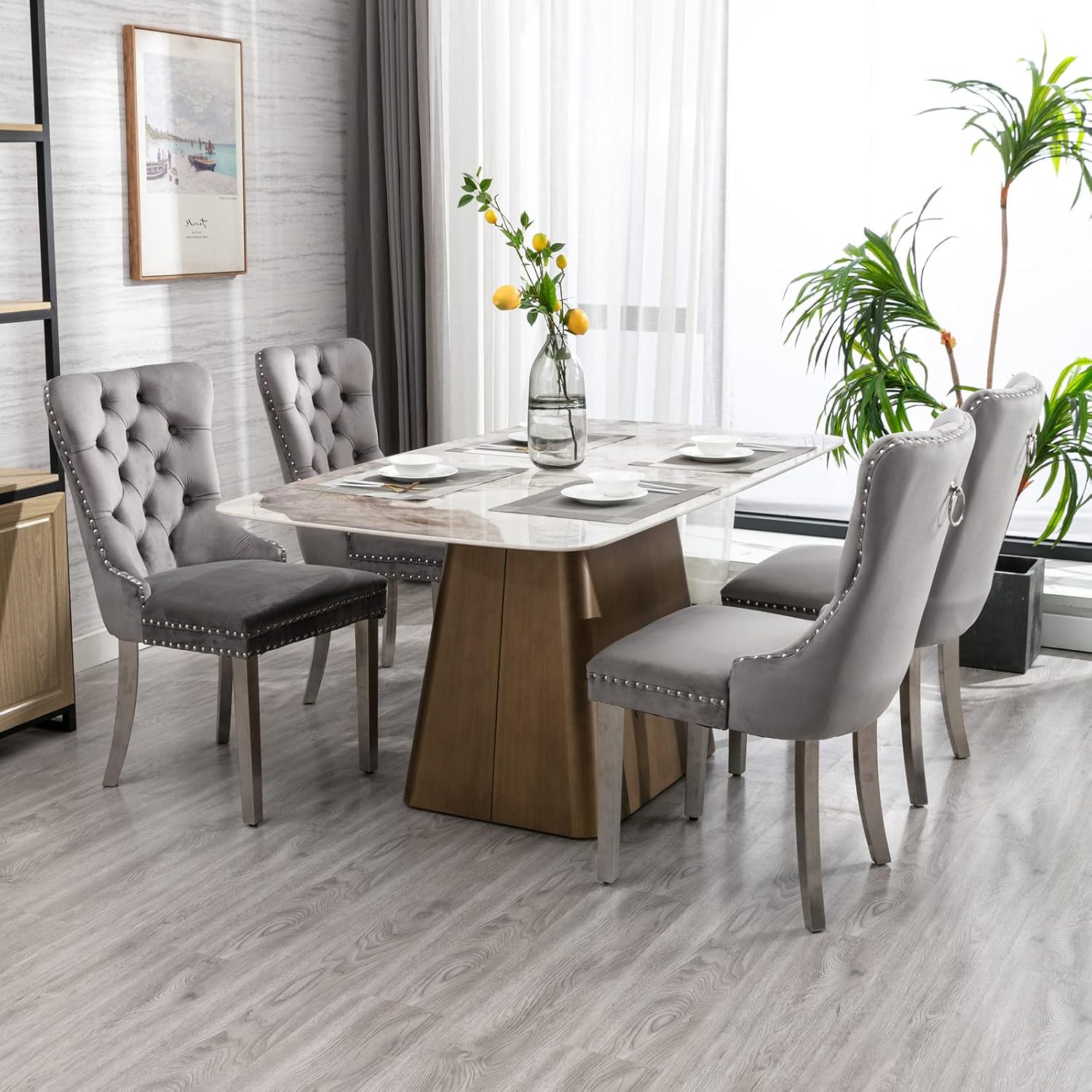 Ball & Cast Contemporary Upholstered Dining Chairs Set of 2, Velvet Button Tufted Kitchen Side-Chairs with Hang Ring & Nailhead Trims & Chrome Solid Wood Legs, 2-Piece Traditional Chair, Chrome+Gray