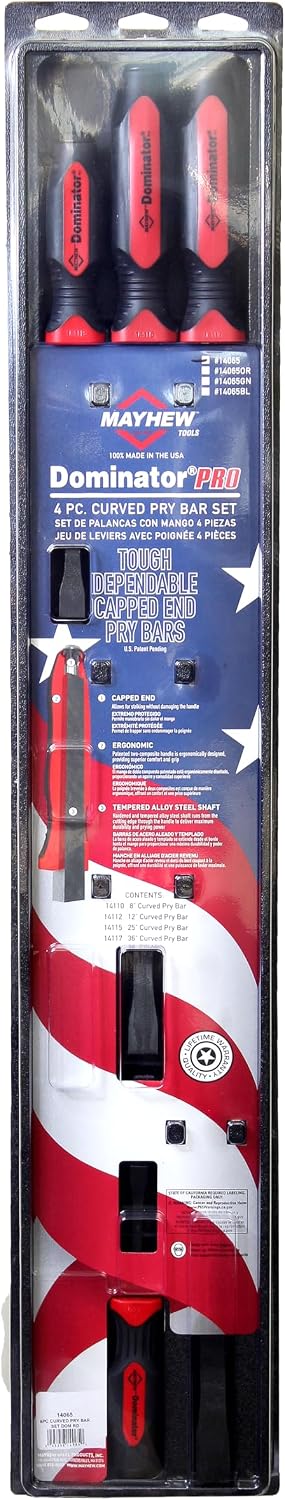 Mayhew Tools 14065 Dominator Pro Pry Bar Set, 8', 12', 25' & 36' Curved Pry Bars, Red