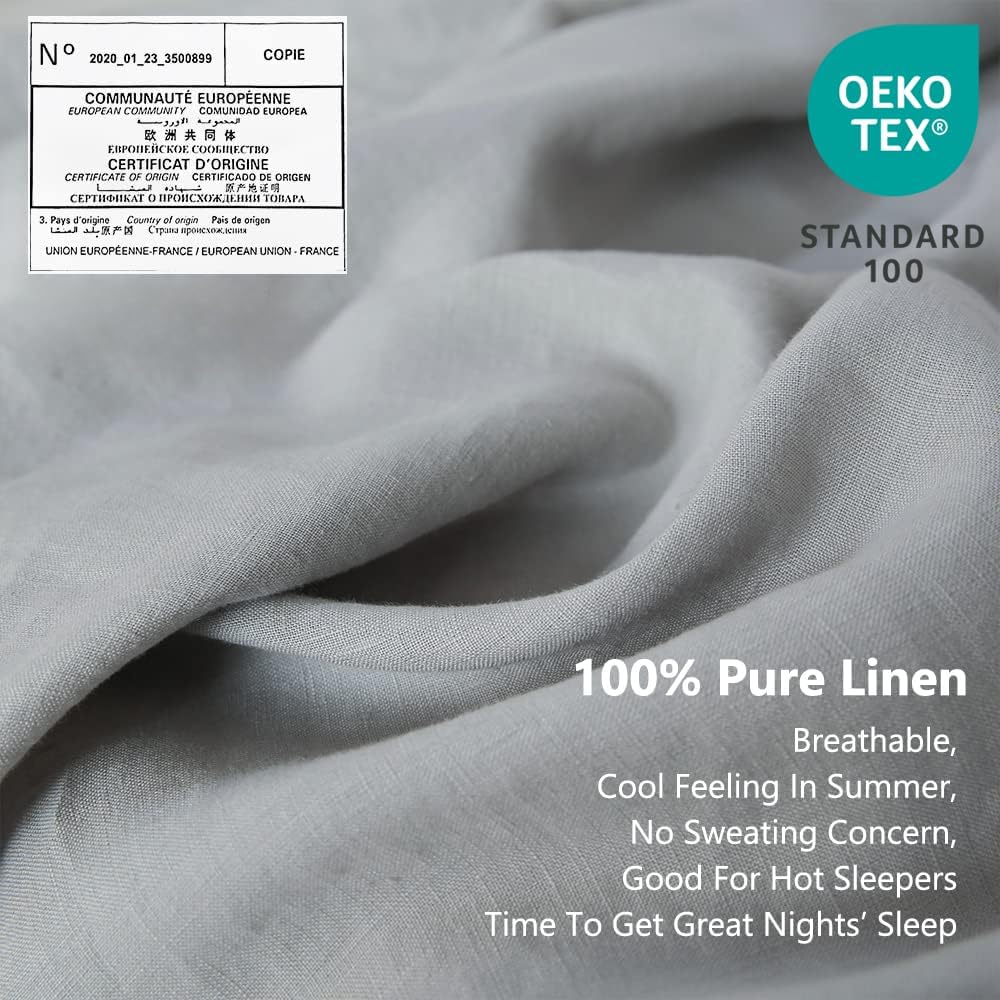 Simple&Opulence 100% Linen Sheet Set with Embroidery Washed - 3 Pieces (1 Flat Sheet & 1 Fitted Sheet & 1 Pillowcase) Natural Flax Soft Bedding Breathable Farmhouse - Light Grey, Twin Size