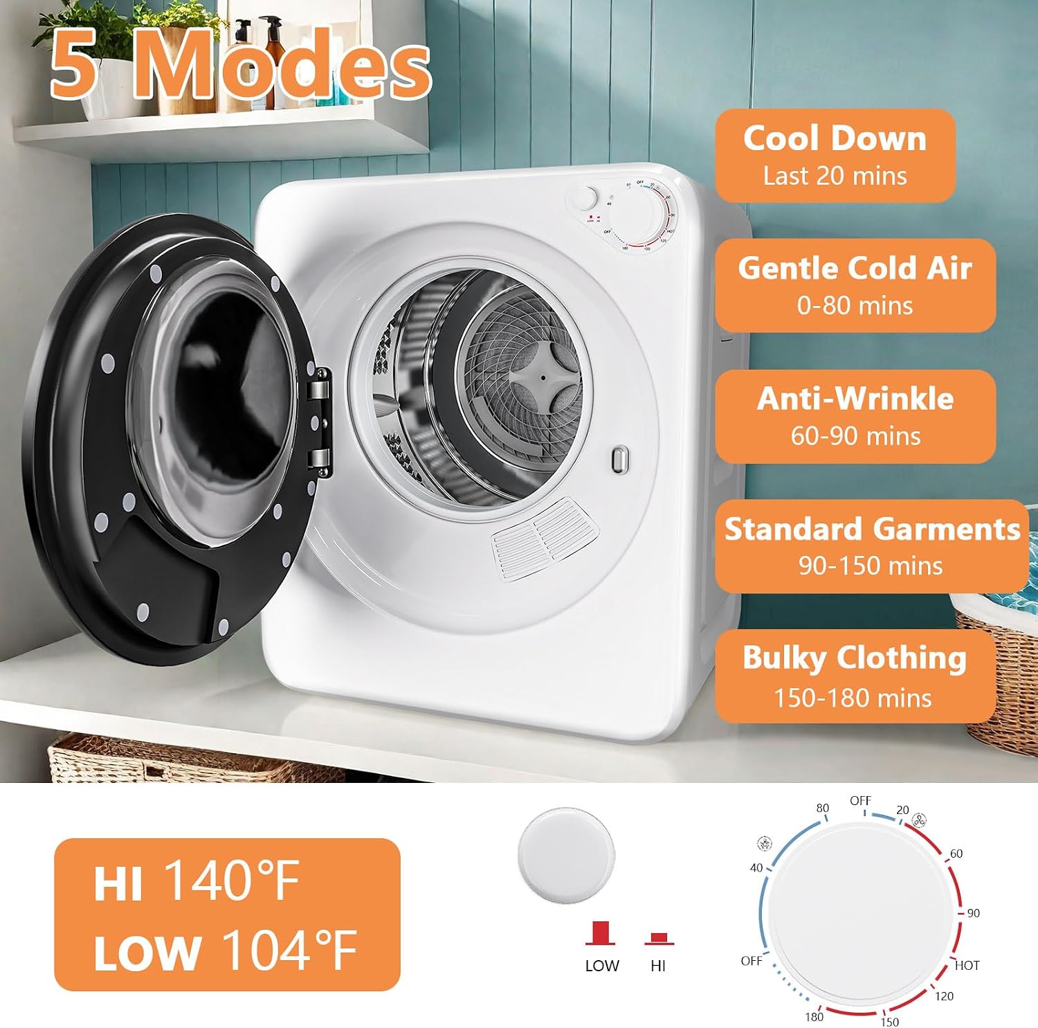DOGHLY 120V Portable Electric Clothes Dryer, 800W Compact Laundry Dryer, Easy Control, 1.6 Cu.Ft Front Load Stainless Steel Electric Dryers Machine with Simple Control Knob for Apartment, RV, Dorm