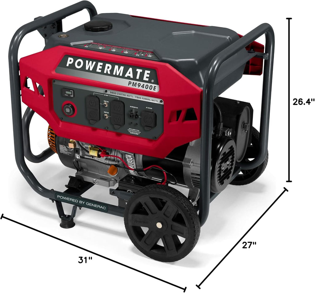 Powermate PM9400E 9,400-Watt Gas-Powered Portable Open Frame Generator - Electric Start - Quiet Operation - Ideal for Home and Outdoor Activites - Engine Powered by Generac - Red/Black