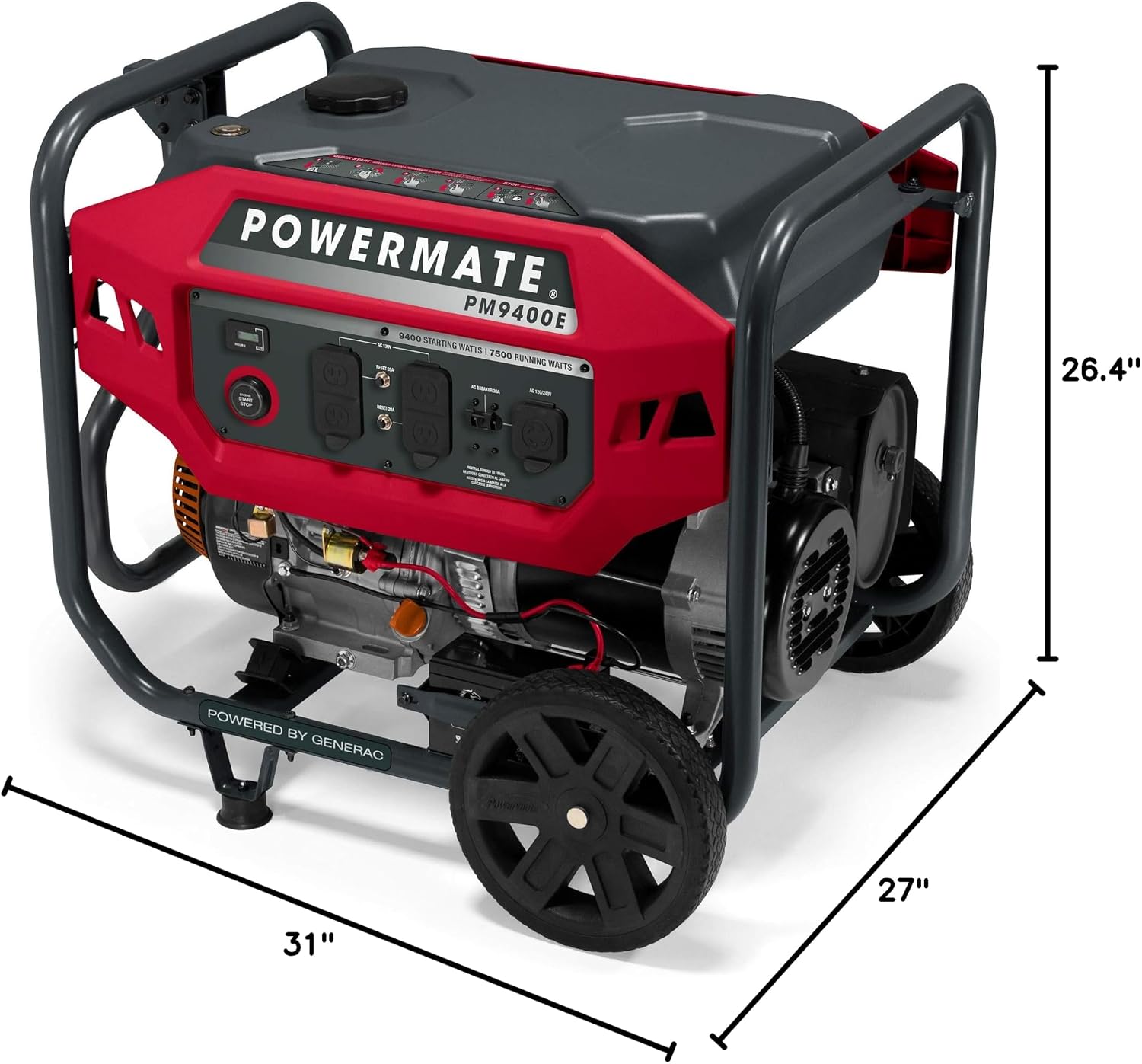 Powermate PM9400E 9,400-Watt Gas-Powered Portable Open Frame Generator - Electric Start - Quiet Operation - Ideal for Home and Outdoor Activites - Engine Powered by Generac - Red/Black