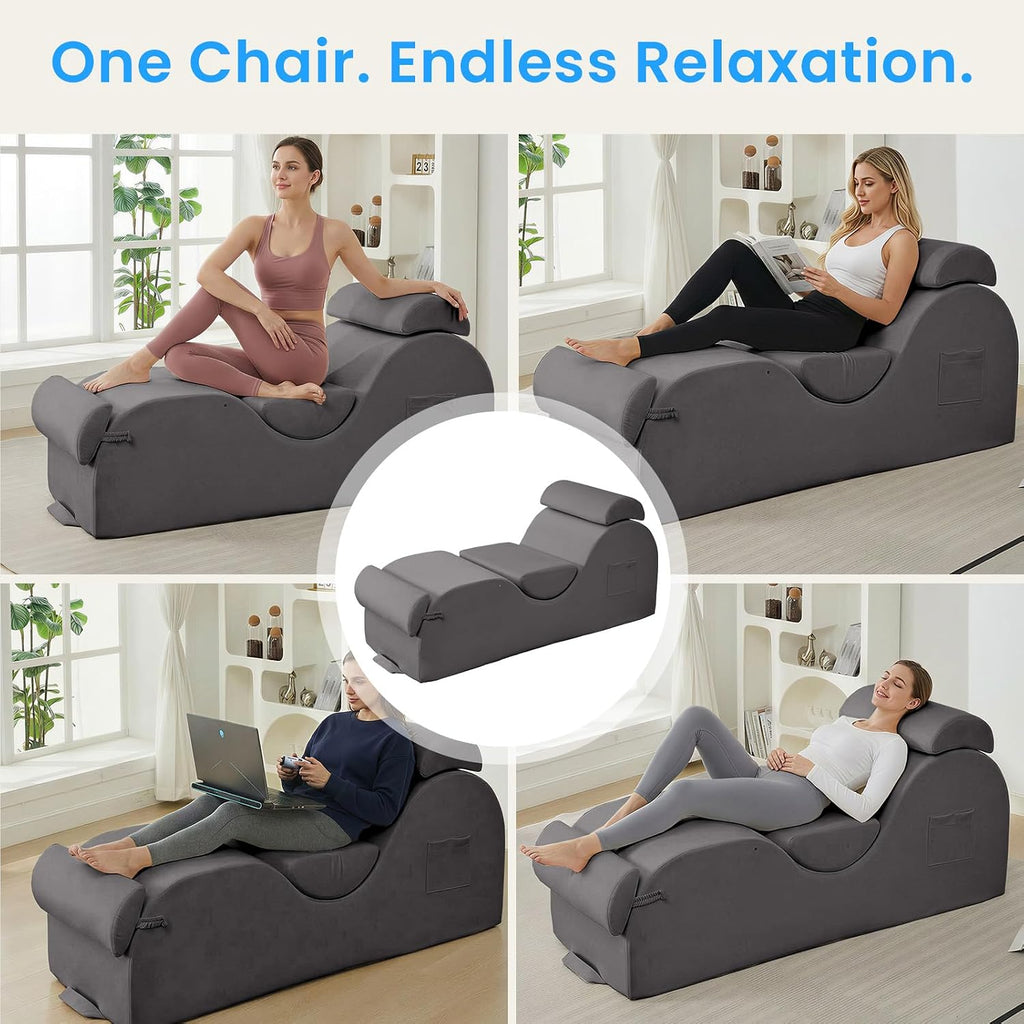 ijuicy 25 Inch Yoga Stretching Chair, Soft Velvet Household Workout Training Chair, Indoor Leisure Lounge Chair with Headrest and Movable Footrest for Body Stretching & Daily Relaxation, Light Grey