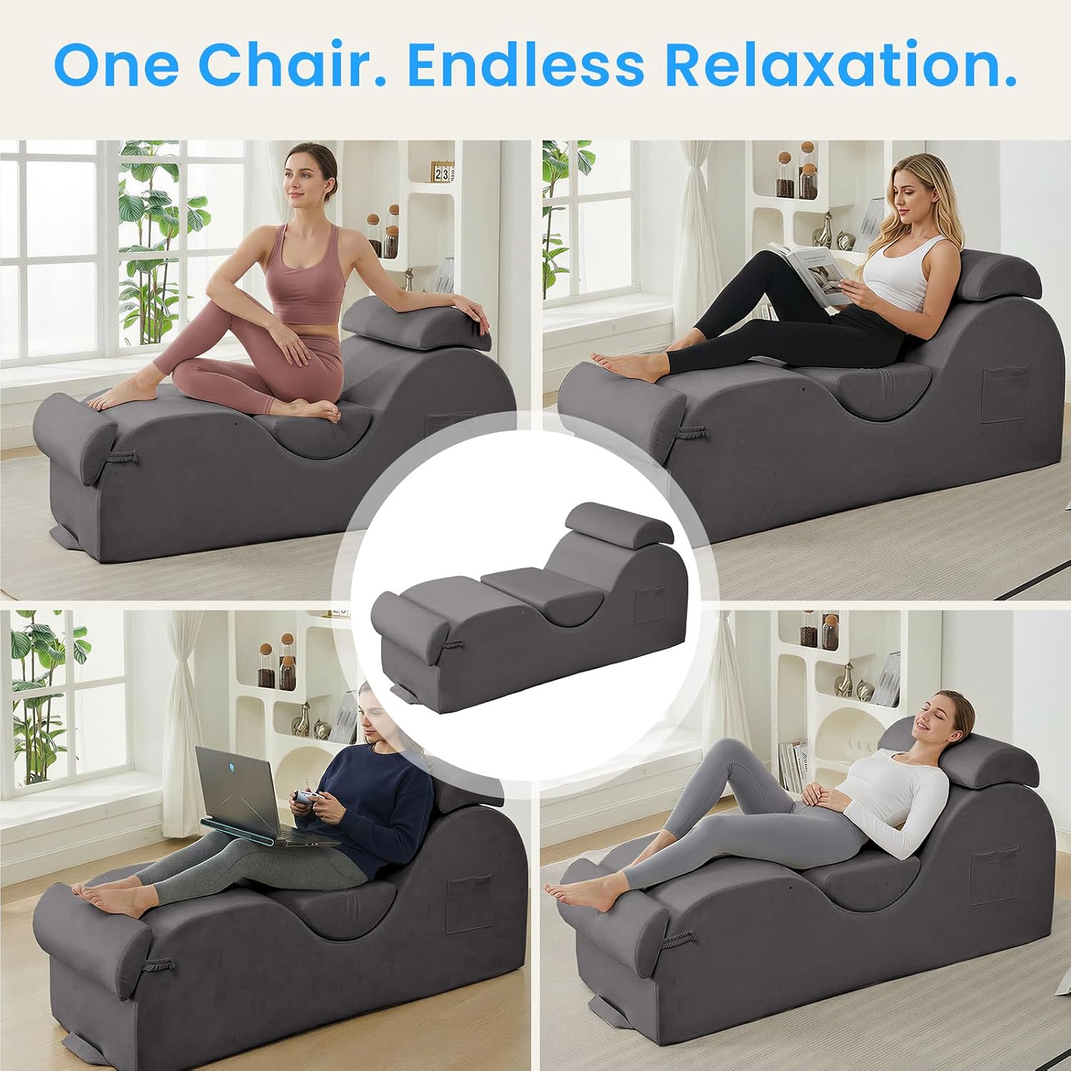ijuicy 25 Inch Yoga Stretching Chair, Soft Velvet Household Workout Training Chair, Indoor Leisure Lounge Chair with Headrest and Movable Footrest for Body Stretching & Daily Relaxation, Light Grey