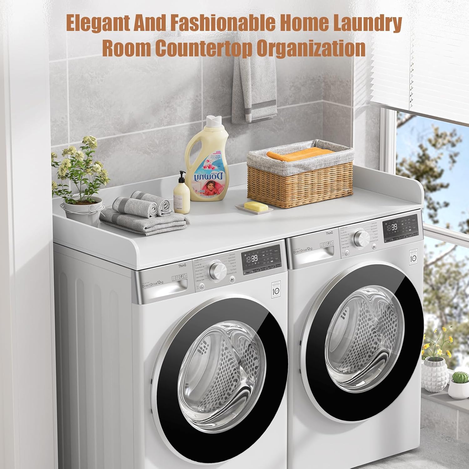 Washer Dryer Countertop, 27.5' D x 54' W Washer and Dryer Topper Covers with Edge Rails, Wood Laundry Room Countertop Shelves for Laundry Room Organization and Storage (White)