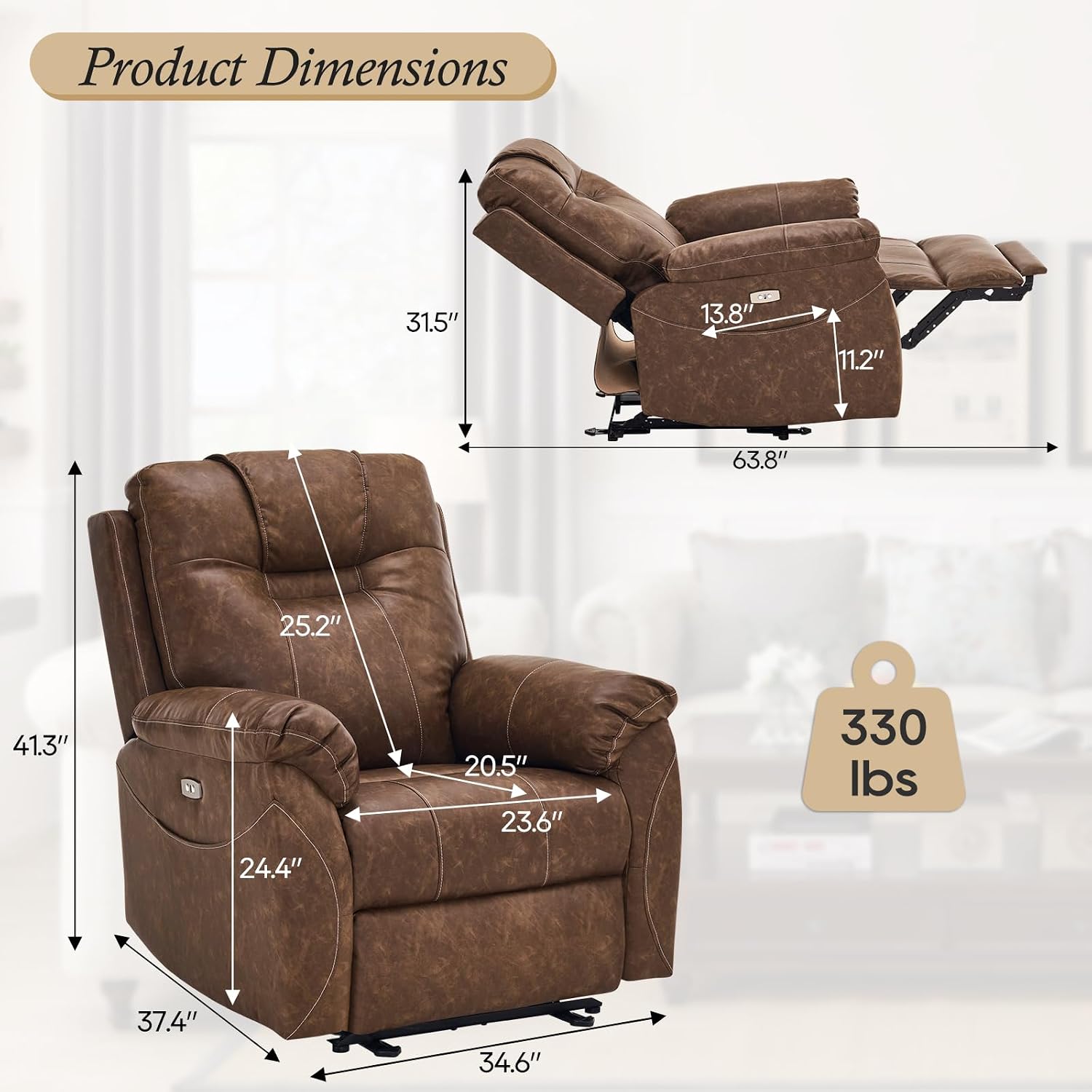 Power Recliner Chair with Extended Footrest, Electric Recliner Chair with Massage and Heat, Power Recliner Chairs for Adult with USB Ports, Side Pockets for Living Room (Dark Brown, PU)