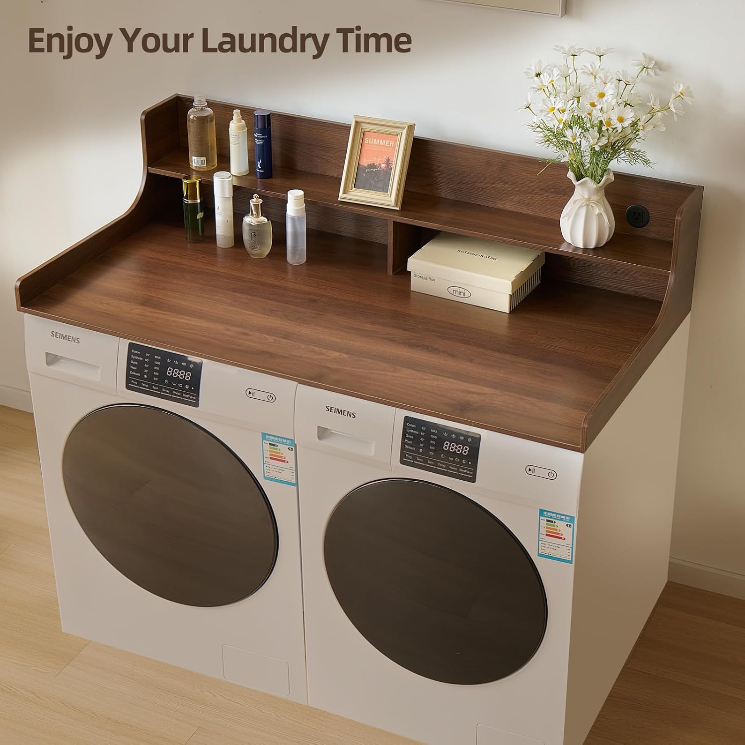 2-Tier Washer and Dryer Countertop 54' W x 27.5' D – laundry countertop over washer and dryer with Power Plug, washer countertop for Laundry Room Organization
