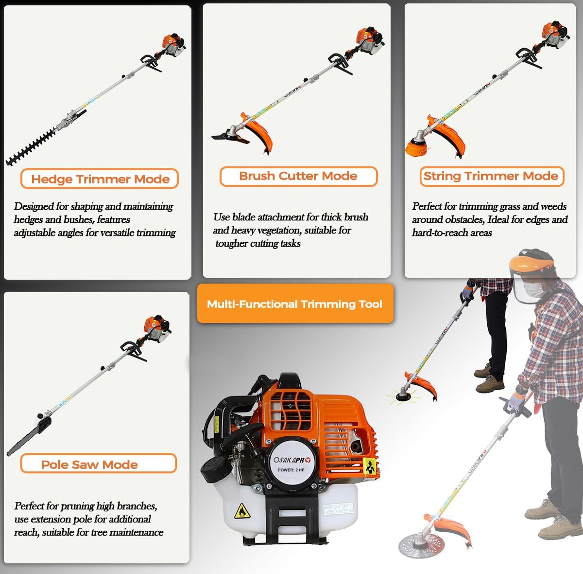 56cc 2-Cycle Gas Multi-Trimmer | 4-in-1 String Trimmer w/Rotatable Pole Saw, Weed Eater Weed Wacker, Brush Cutter & Hedge Trimmer Gas for Lawn, Yard, Garden Care, All-in-one Garden Tool