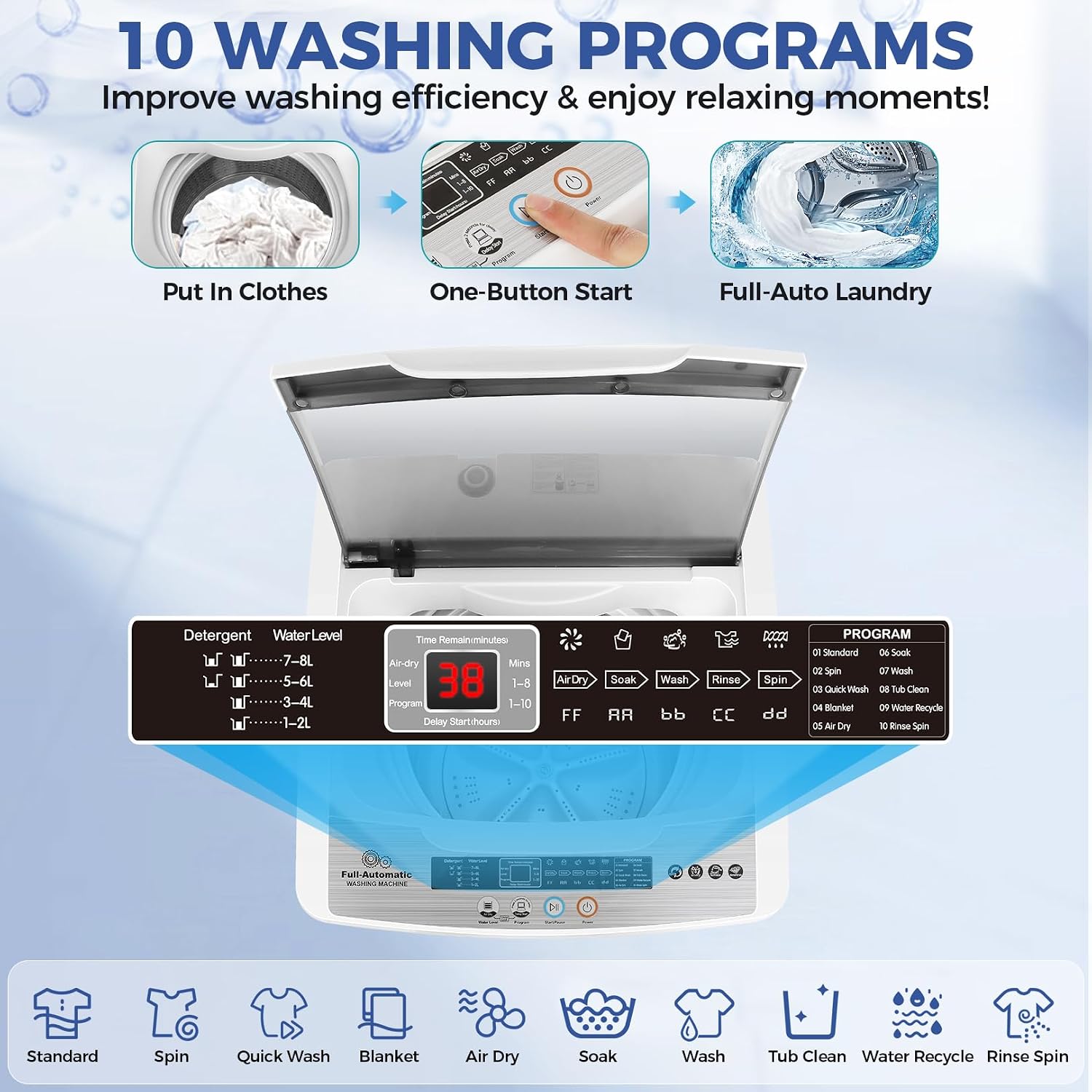 Nictemaw Portable Washing Machine 20Lbs Capacity 2.8 Cu.ft Portable Washer and Dryer Combo with 10 Programs and 8 Water Level Selections Compact Washer Machine for Apartments, Home, Dorms, Rv