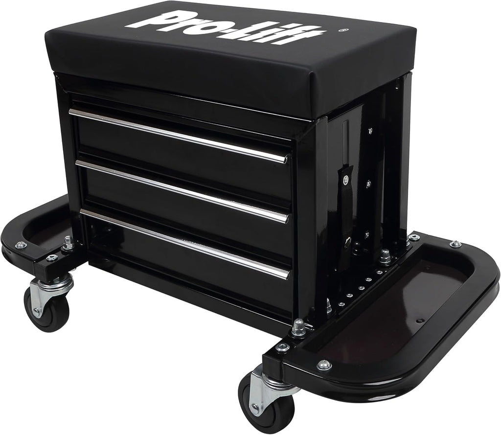 Pro-Lift Mechanic Roller Seat with Tool Box - 3-Drawer Rolling Tool Chest Stool with Padded Seat Cushion for Garage Creeper – 400 Lbs Capacity