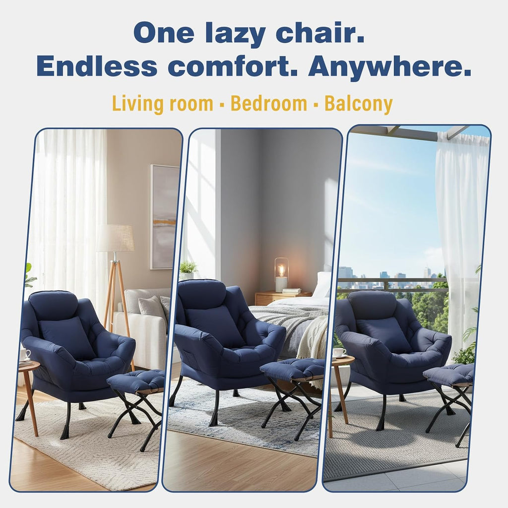 Lazy Chair with Ottoman, Large Accent Chair with Ottoman and a Throw Pillow, Navy Reading Chair for Living Room Bedroom Dorm Room Office Apartment Relaxing Use