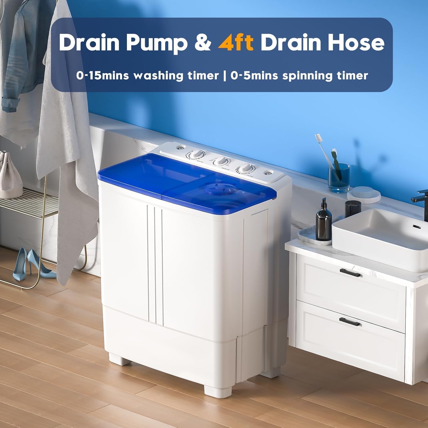 Auertech Portable Washer and Dryer Combo, 20 Lbs Twin Tub Washing Machine, 1.5 Cu.Ft Compact Clothes Dryer, Portable Washing Machine and Dryer Set for Apartment, RV, Dorm, White