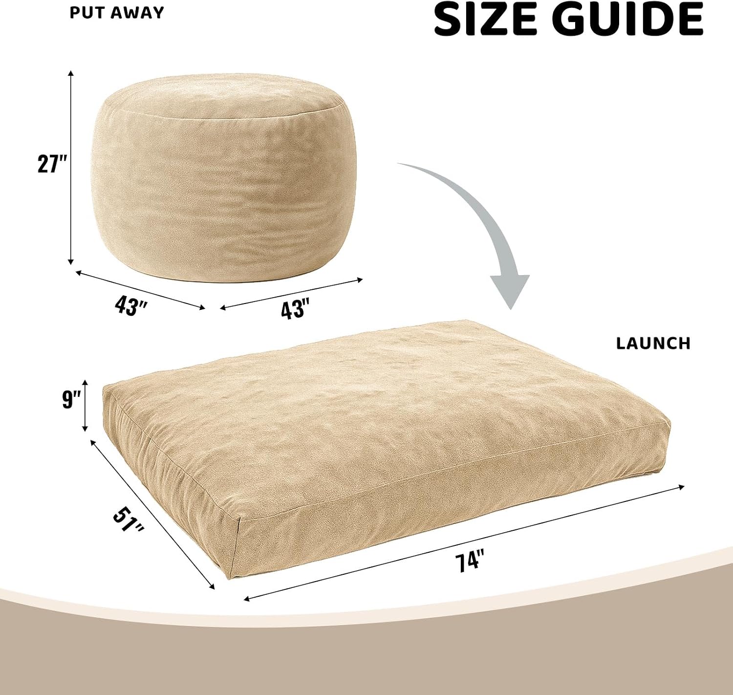 Adult Bean Bag Chair Bed, Bean Bag Sofa with Filling, Memory Foam, Comfortable Floor Sofa Bed, Boneless Floor Chair, Suitable for Living Room Bedroom Dormitory Balcony Lounge (Apricot, Chair Bed)