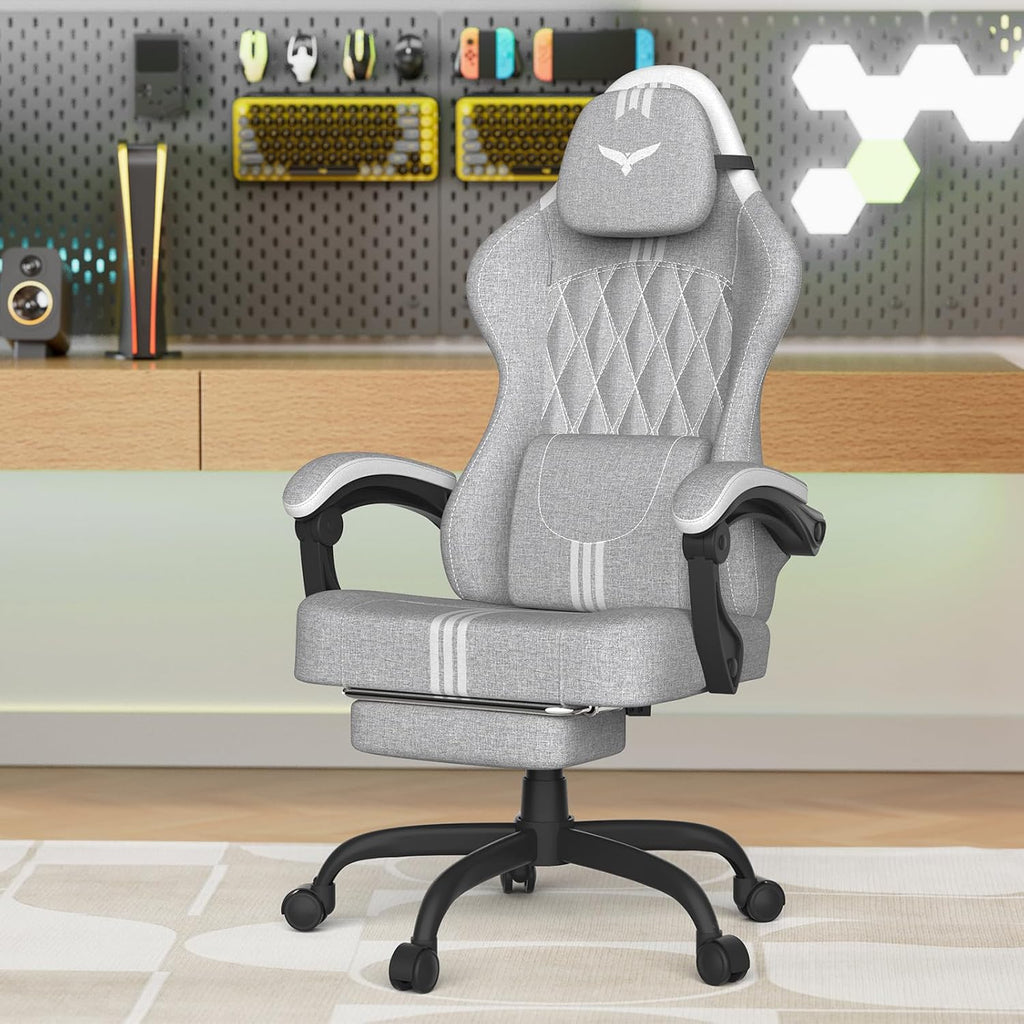Ferghana Cotton Fabric Gaming Chair with Wider Seat Cushion, Diamond Double-Stitching Ergonomic High Back Game Chair with Footrest, Computer Chair with Massage Lumbar Support for Adult, Gray/White