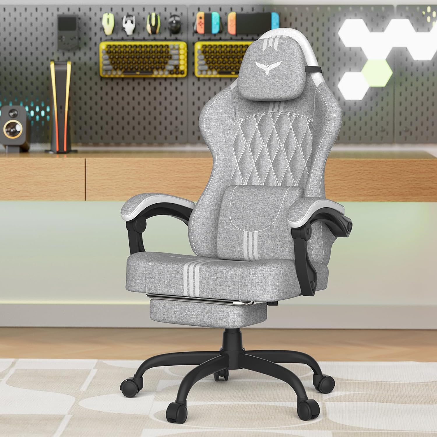 Ferghana Cotton Fabric Gaming Chair with Wider Seat Cushion, Diamond Double-Stitching Ergonomic High Back Game Chair with Footrest, Computer Chair with Massage Lumbar Support for Adult, Gray/White