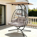 Double Egg Chair Outdoor with Stand & Canopy, 2 Person Hanging Egg Chair with Footrest, Oversized Rattan Wicker Egg Swing Chair with Lights for Bedroom Garden, 660Lbs, Black-Light Gray