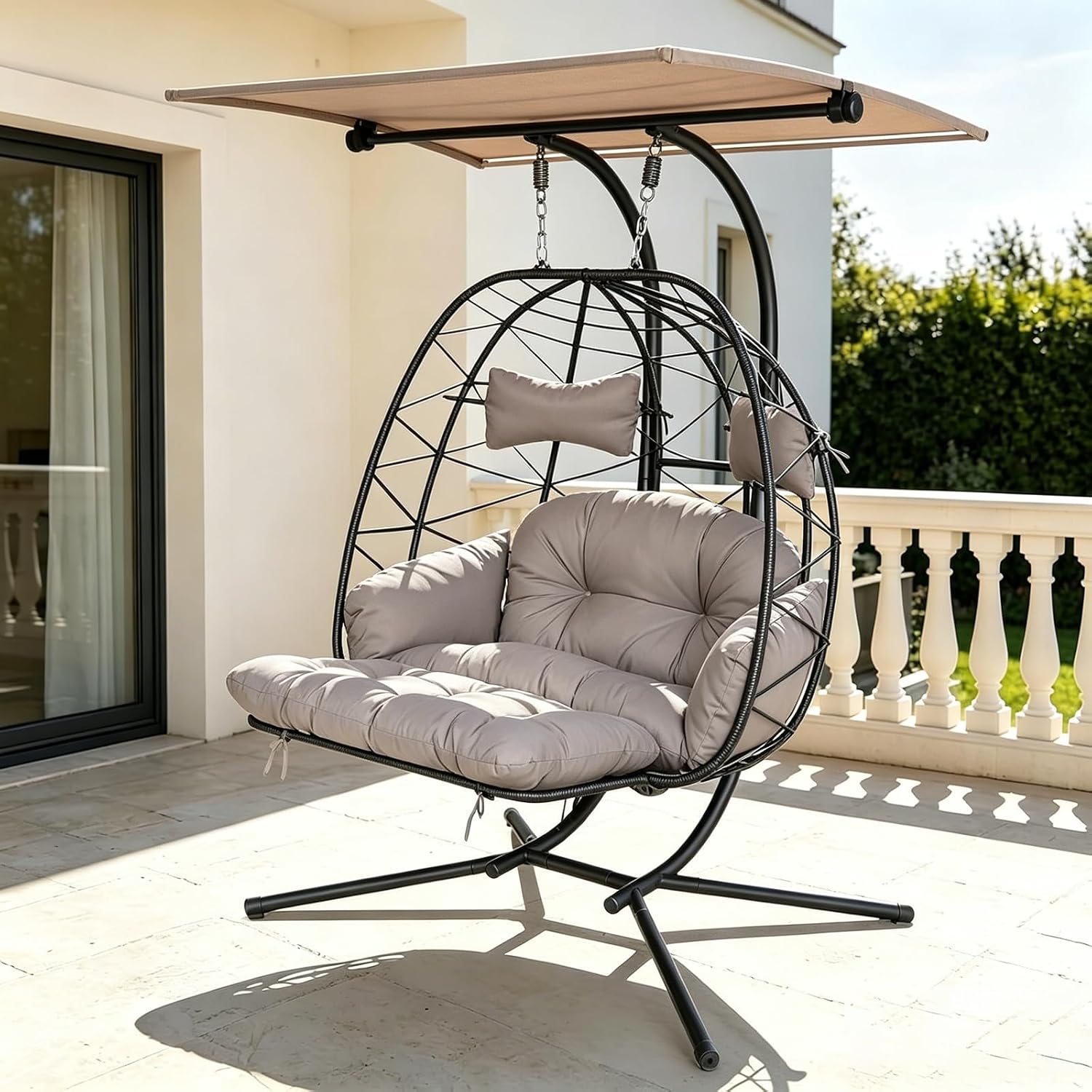 Double Egg Chair Outdoor with Stand & Canopy, 2 Person Hanging Egg Chair with Footrest, Oversized Rattan Wicker Egg Swing Chair with Lights for Bedroom Garden, 660Lbs, Black-Light Gray