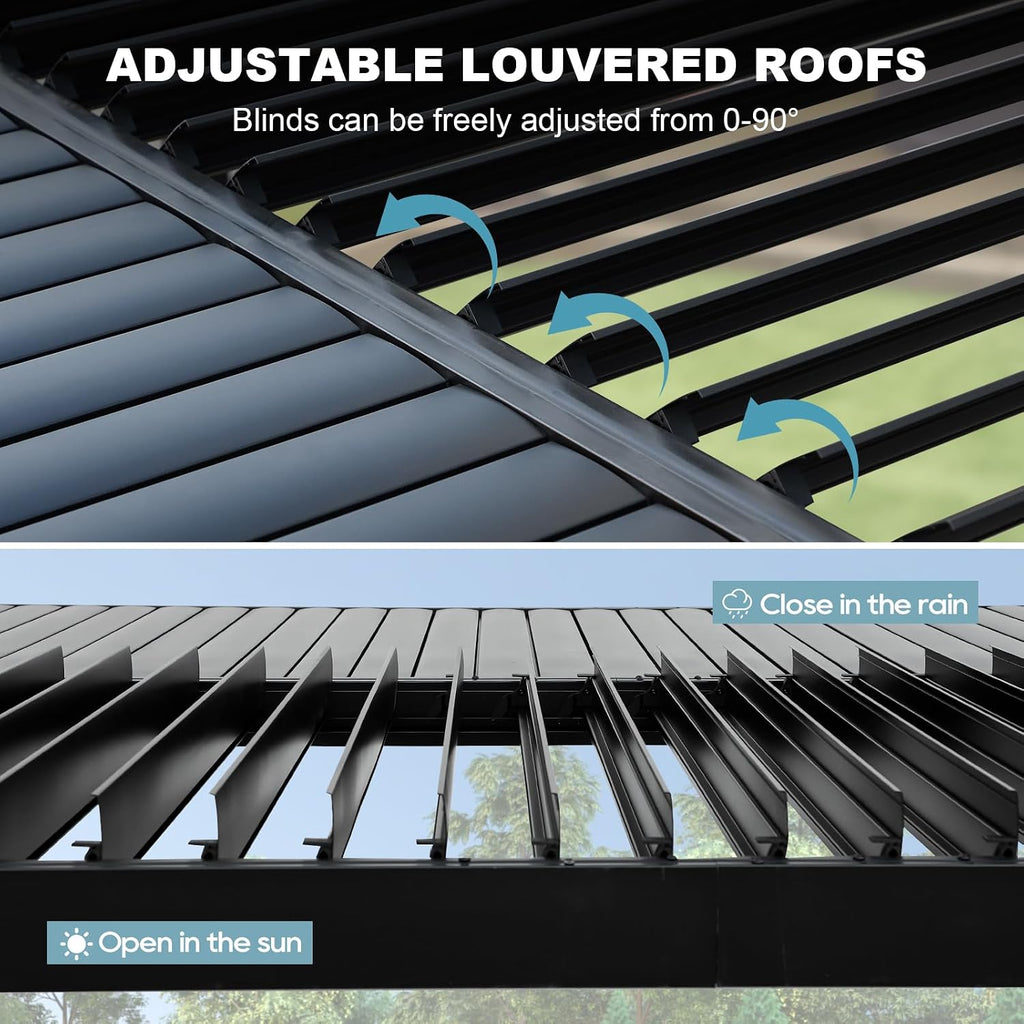 10' ×13' Outdoor Louvered Pergola, Aluminum Outdoor Louvered Pergola Patio with Adjustable Roof for Outdoor Deck (Black)