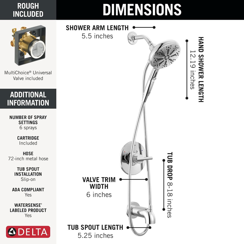 Delta Nicoli 14 Series Chrome Bathtub Shower Faucet Set with Handheld Shower Head, Valve Trim Kit, Chrome 144749-HS (Valve Included)