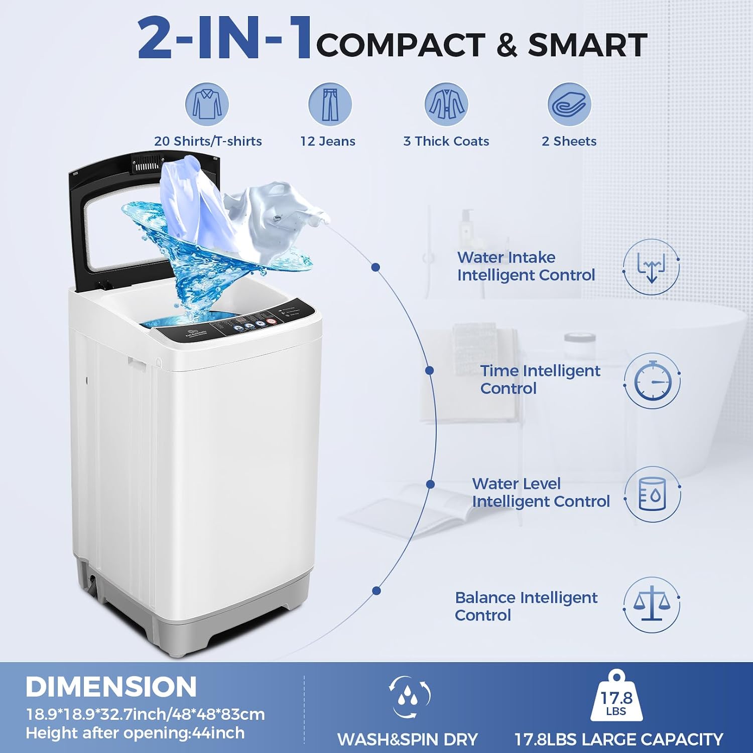 Nictemaw Portable Washing Machine 17.8Lbs Large Capacity 2.4 Cu.ft Portable Washer Machine with 10 Programs 8 Water Levels Mini Washing Machine for Apartments Dorms