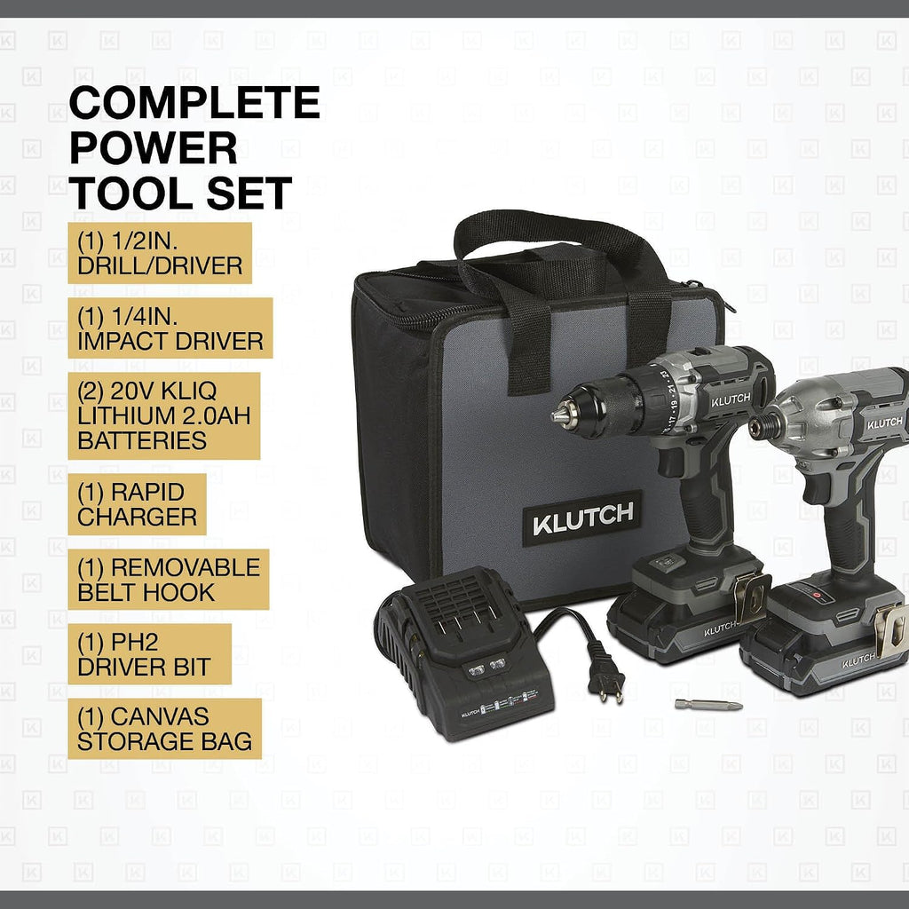 Klutch Drill/Driver and Impact Driver Kit, KLiQ 20 Volt Brushless, 1/2in. and 1/4in.