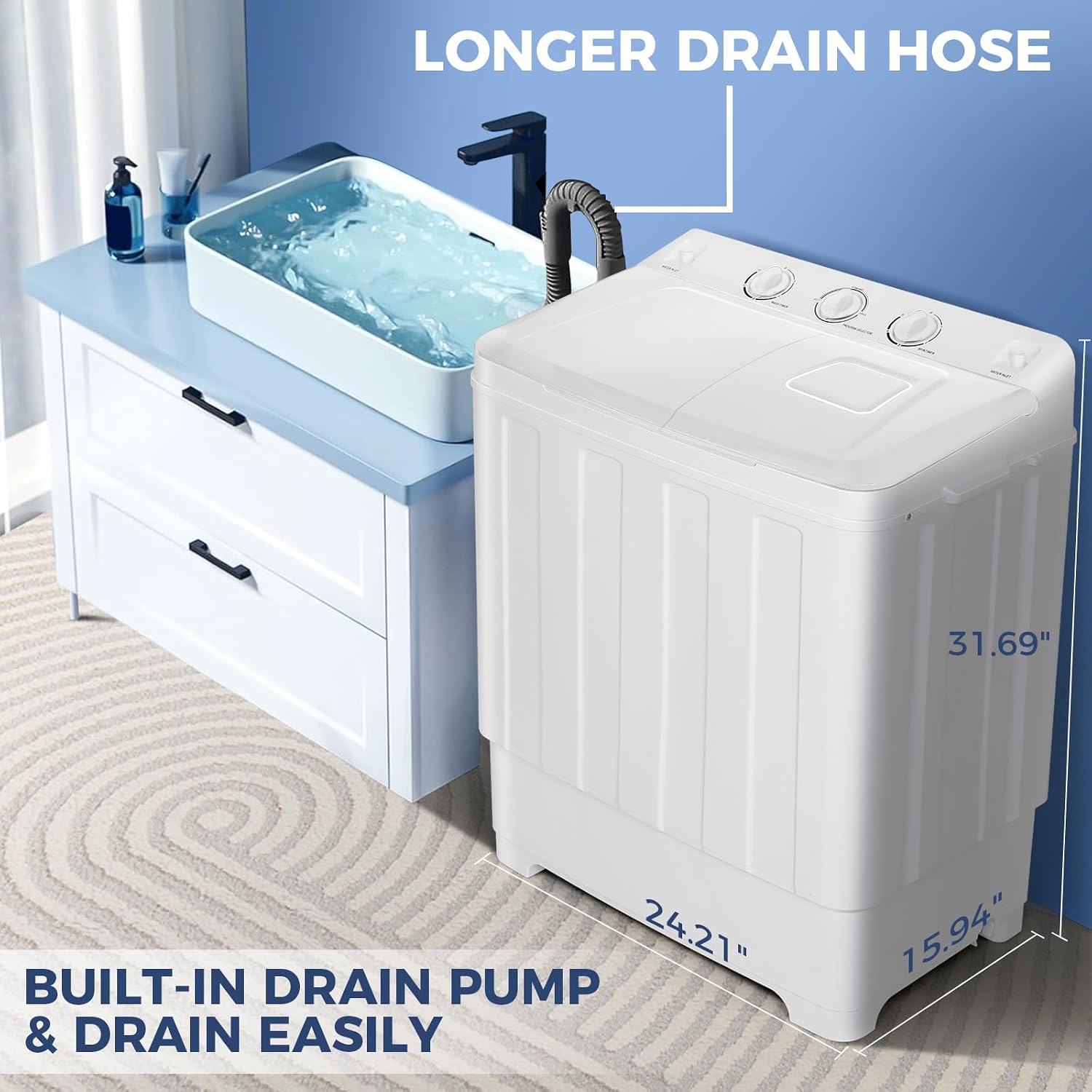 Nictemaw Portable Washing Machine 30Lbs Capacity Twin Tub Compact Laundry Machine 19Lbs Washer and 11Lbs Spin Dryer with Built-in Drain Pump, Small Washing Machine for Apartments, Dorms, RVs