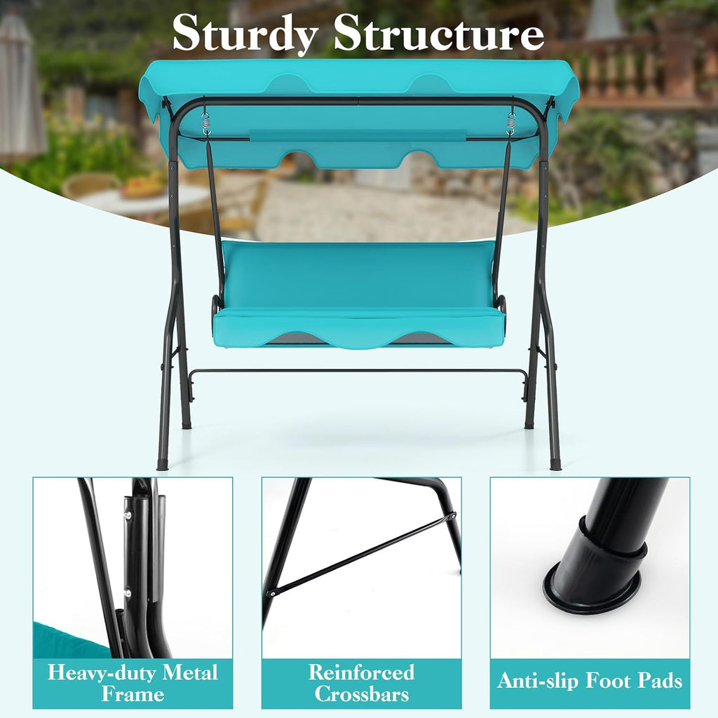 DREAMADE Porch Swing Outdoor, 3 Person Patio Swing w/Removable Cushion, Stand & Adjustable Canopy, Heavy Duty Swing Chair for Patio, Garden, Courtyard, Poolside
