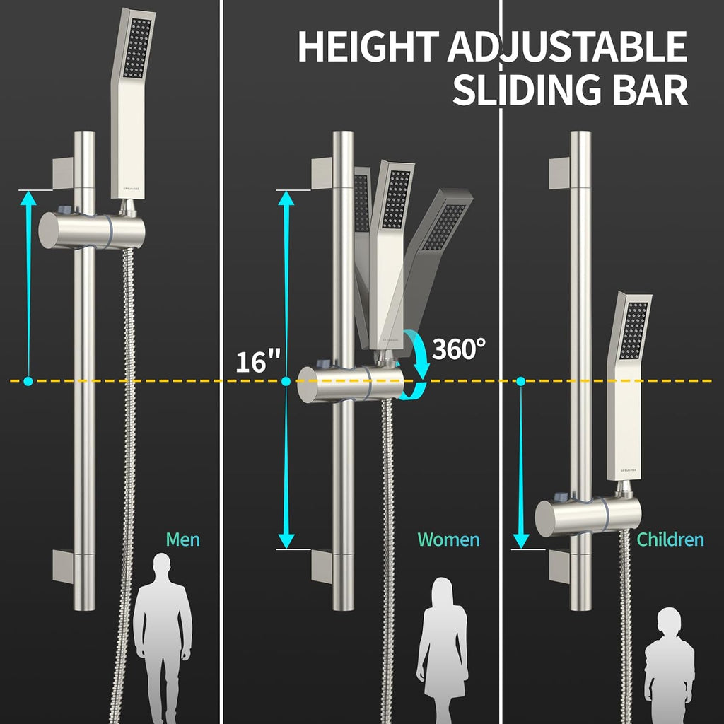 SR SUN RISE 12 Inch Square Shower System, Rain Shower Head and Slide Bar Handheld Shower Faucet Wall Mounted Combo Set Included Valve and Trim Kit for Bathroom, Brushed Nickel