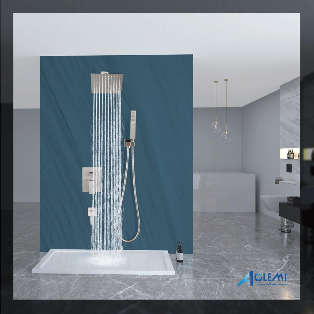 Aolemi Rainfall Shower System Shower Head Combo Set with Tub Filler Handheld Shower Luxury Rough-in Valve Included Wall Mount Bathroom Shower Mixer Faucet 8 Inch Shower Head Brushed Nickel