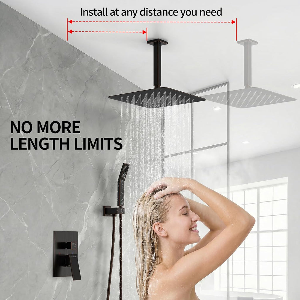 SR SUN RISE 12 Inch Oil Rubbed Bronze Shower System Brass Bathroom Luxury Rain Mixer Shower Combo Set Ceiling Mounted Rainfall Shower Head System Faucet Trim Repair Kits with Rough-In Valve and Trim
