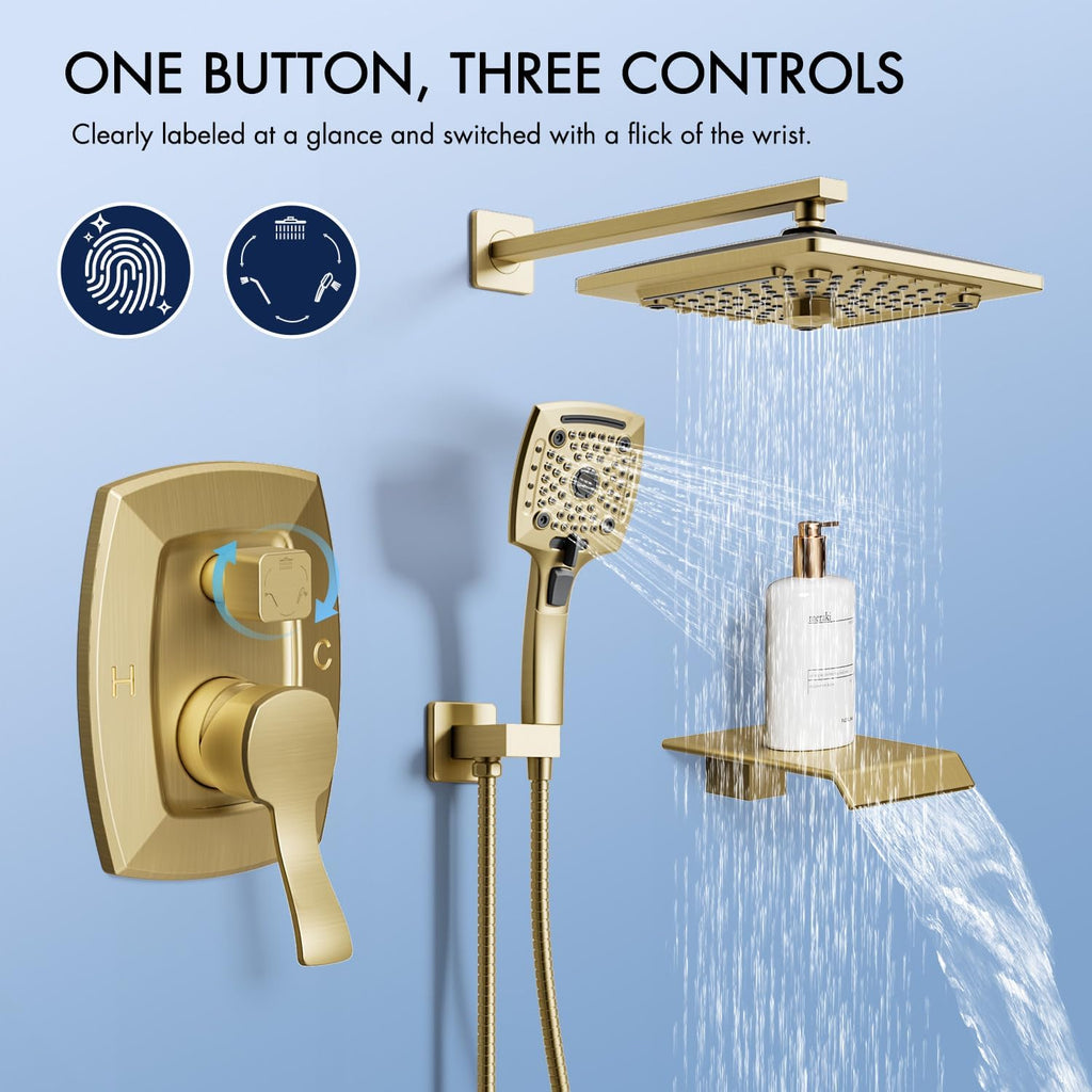 ELLO&ALLO Bathroom Shower Faucet Set Mixing Valve and Trim Kit, Complete Shower System with Tub Spout, Brushed Gold