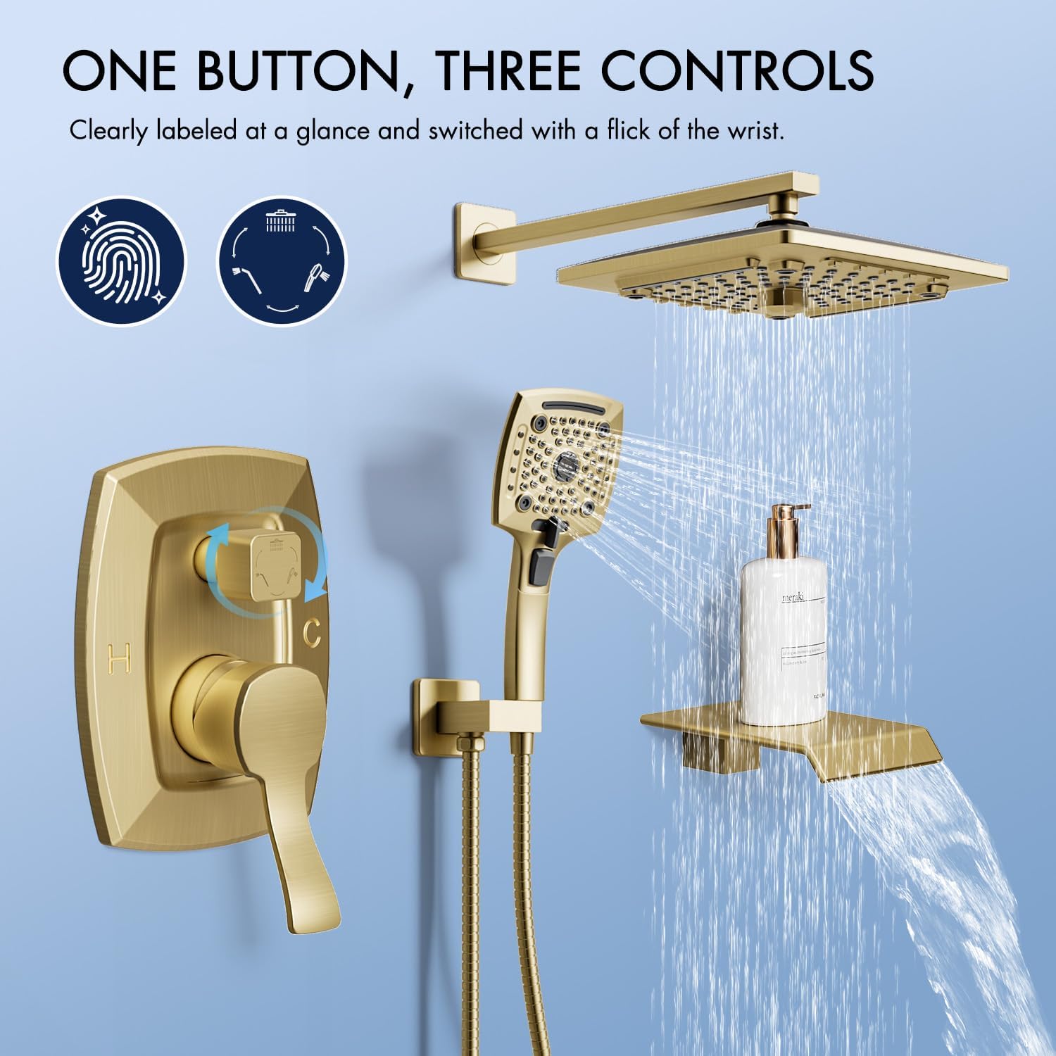ELLO&ALLO Bathroom Shower Faucet Set Mixing Valve and Trim Kit, Complete Shower System with Tub Spout, Brushed Gold