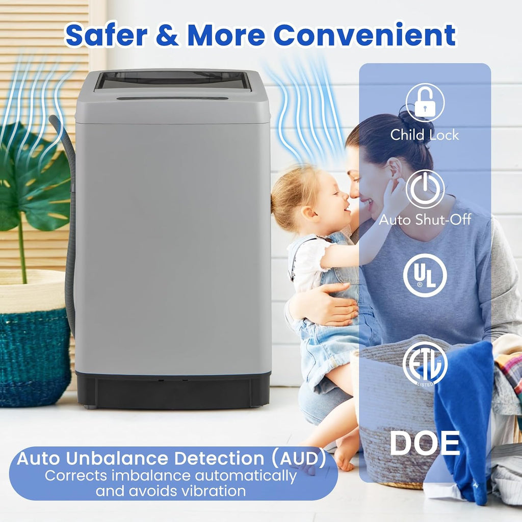 COSTWAY Portable Washing Machine, 11 LBS Full Automatic Portable Washer with 8 Modes, 10 Water Levels, LED Display & Built-In Drain Pump, 1.5 Cu.Ft. Washer & Spinner Combo for Apartment RV (Grey)
