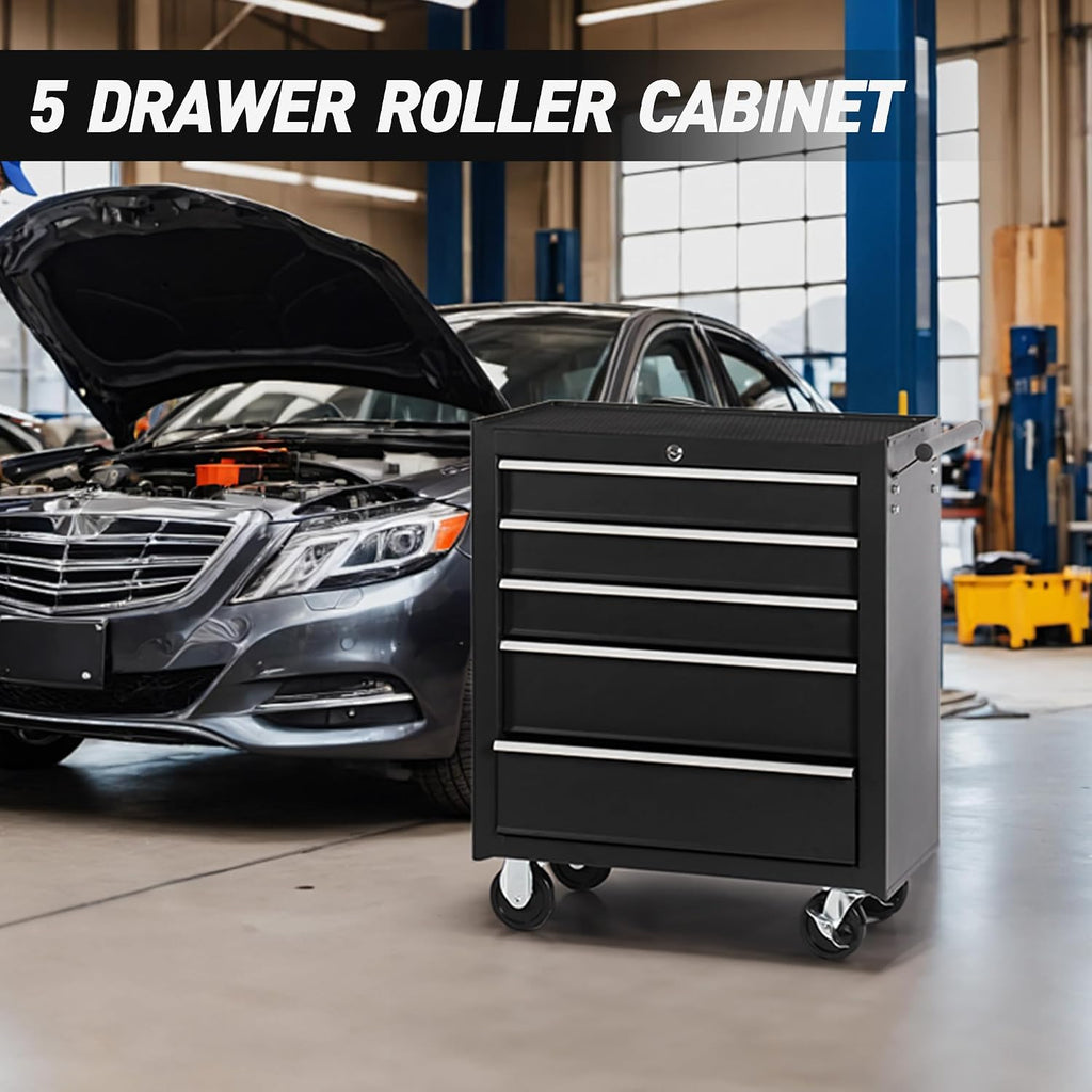 5-Drawer Rolling Tool Chest w/Drawers & Lock, Tool Storage Cabinet with Lockable Wheels, Top Cushion & Drawer Liners, Tool Organizer Box for Garage, Warehouse & Repair Sho