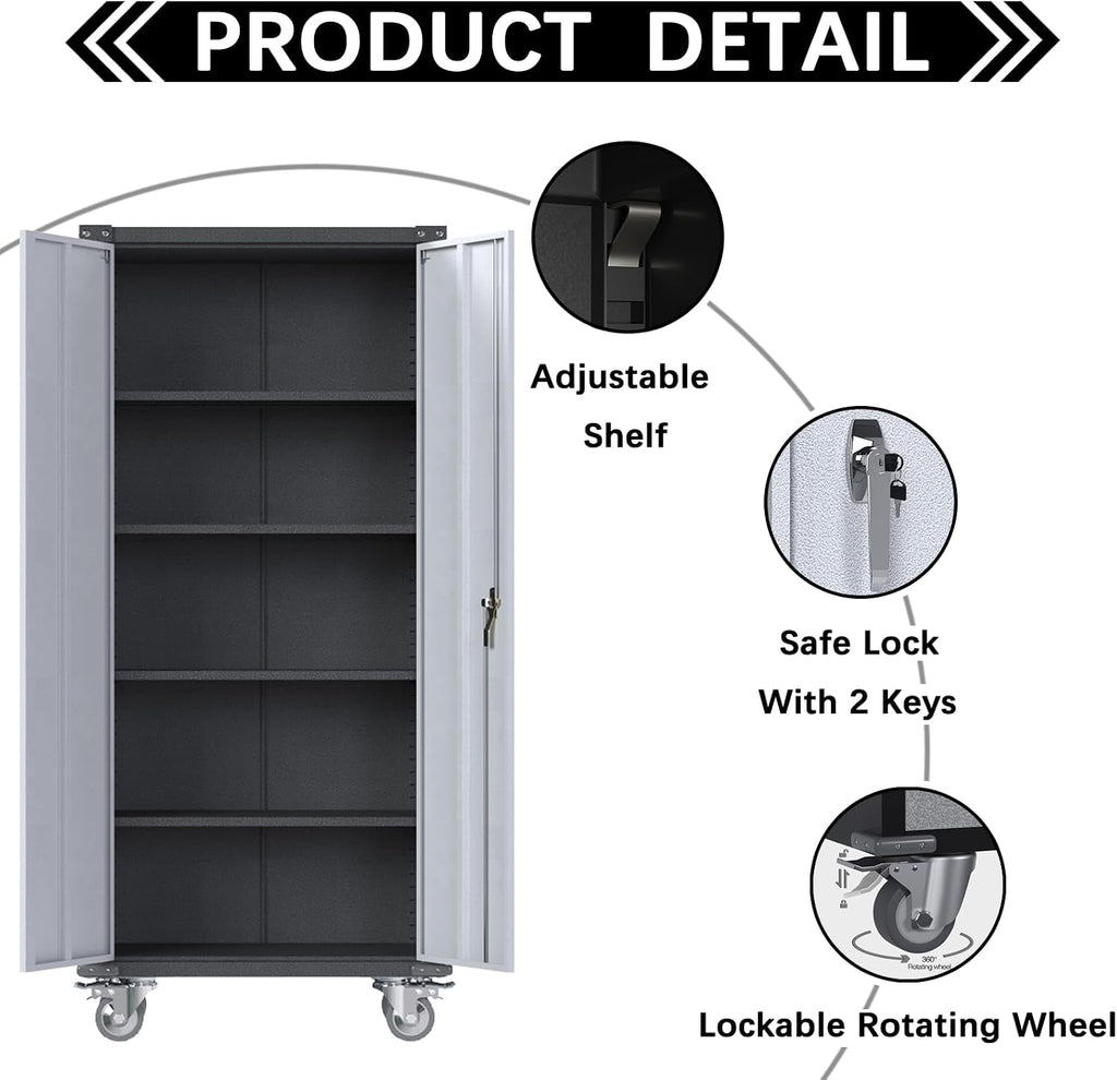 71'' Locking Metal Cabinet with 2 Door and 4 Adjustable Shelves, Lockable Garage Storage Cabinet on Wheels, Rolling Tool Cabinets for Utility Room, Home Office, Assembly Required