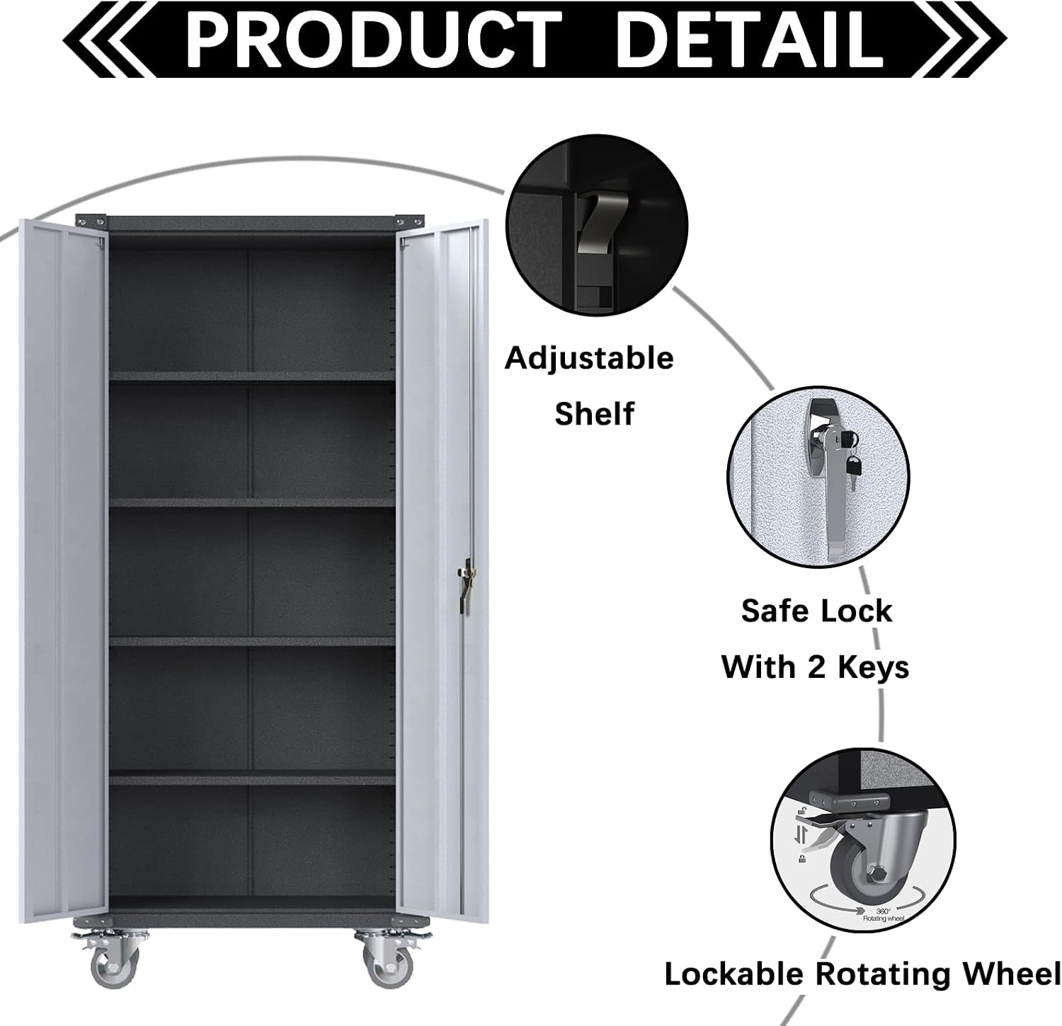 71'' Locking Metal Cabinet with 2 Door and 4 Adjustable Shelves, Lockable Garage Storage Cabinet on Wheels, Rolling Tool Cabinets for Utility Room, Home Office, Assembly Required